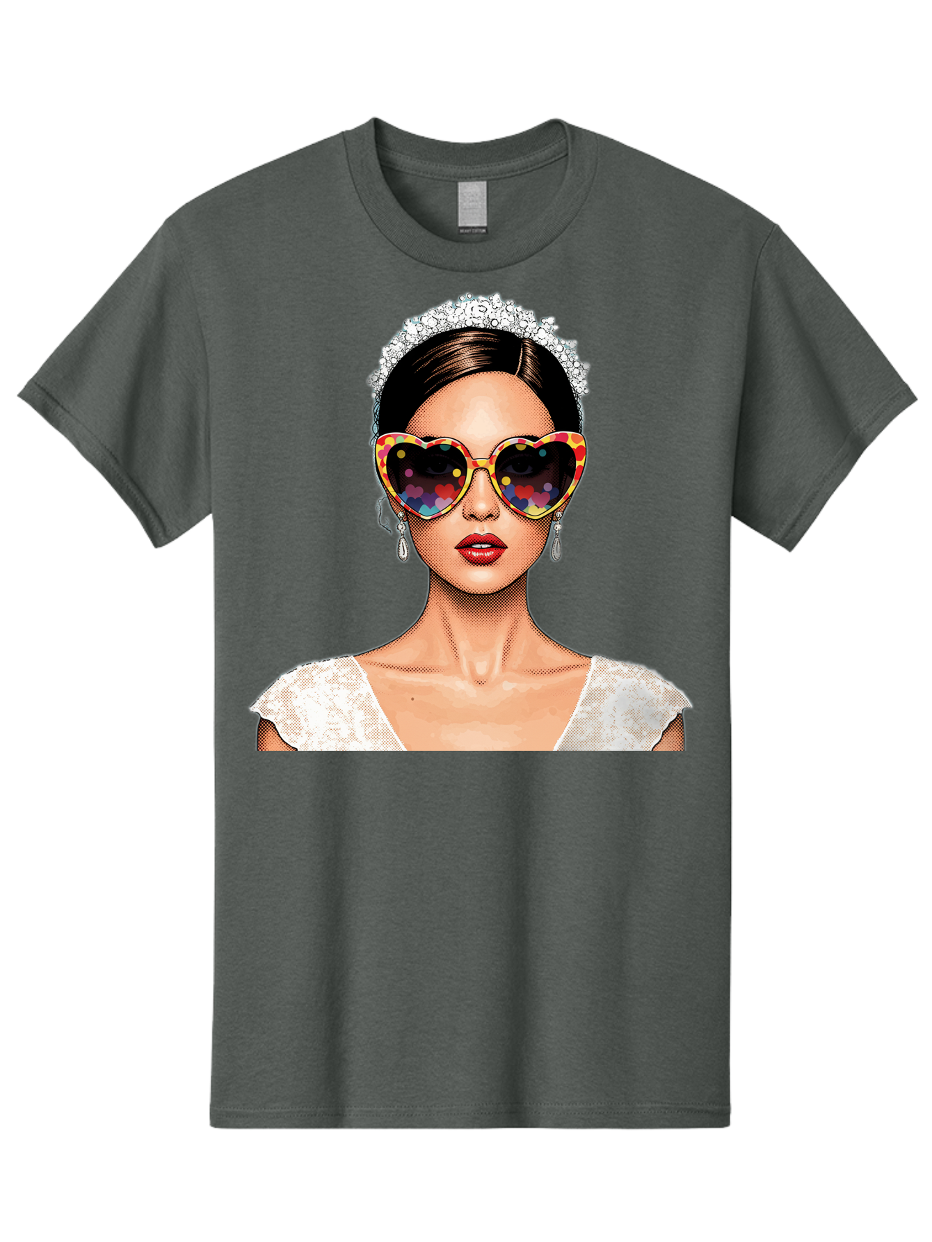 Bride-Sunglasses Men'S Graphic Tee, 100% Cotton, Comfortable Casual Summer Wear, Machine Washable, Bride With Sunglasses, Heart-Shaped Glasses, Rainbow Colors, Wedding Accessories, White Wedding Dress, Red Lips, Earrings, Tiara, Baa227