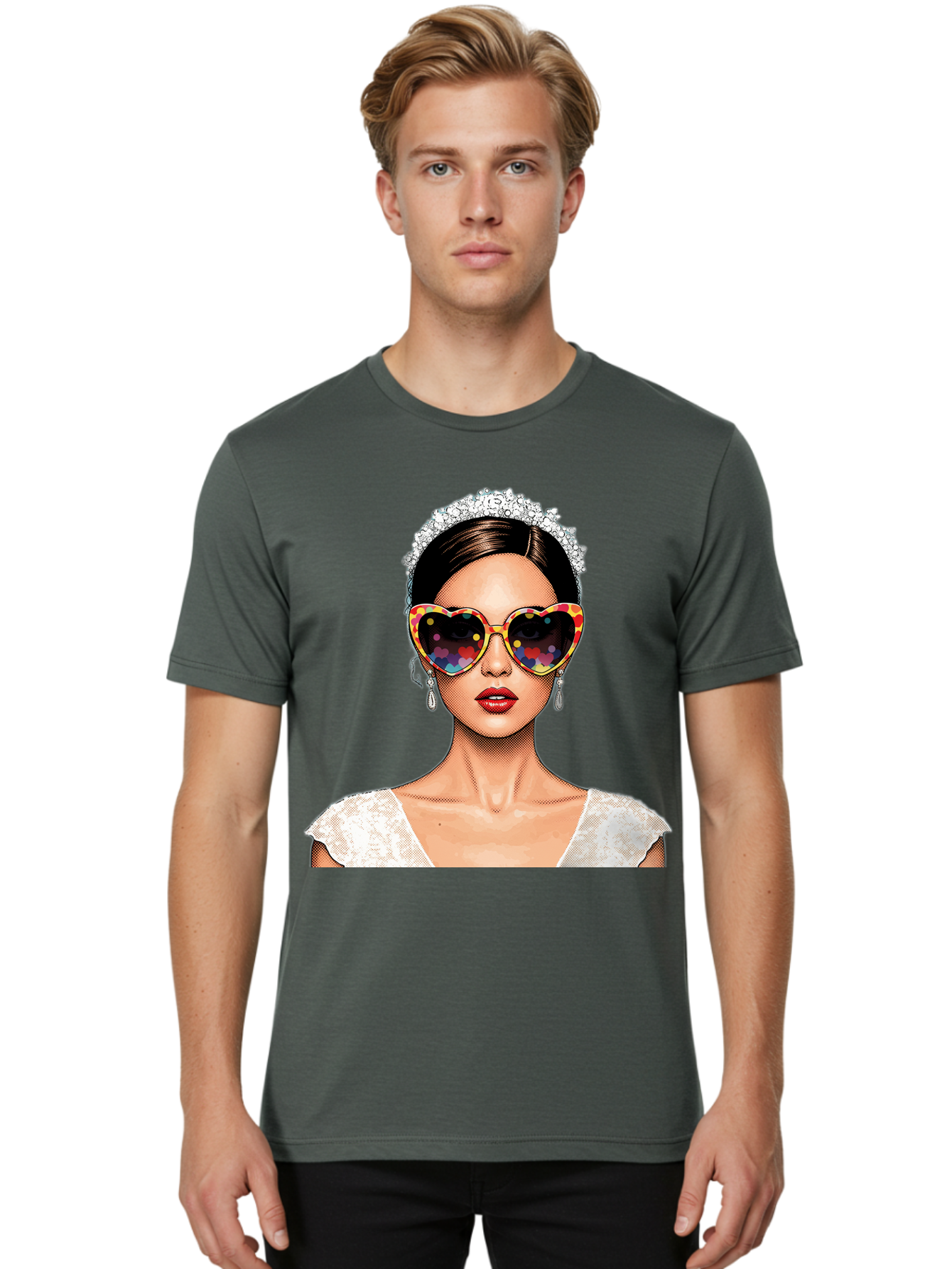 Bride-Sunglasses Men'S Graphic Tee, 100% Cotton, Comfortable Casual Summer Wear, Machine Washable, Bride With Sunglasses, Heart-Shaped Glasses, Rainbow Colors, Wedding Accessories, White Wedding Dress, Red Lips, Earrings, Tiara, Baa227