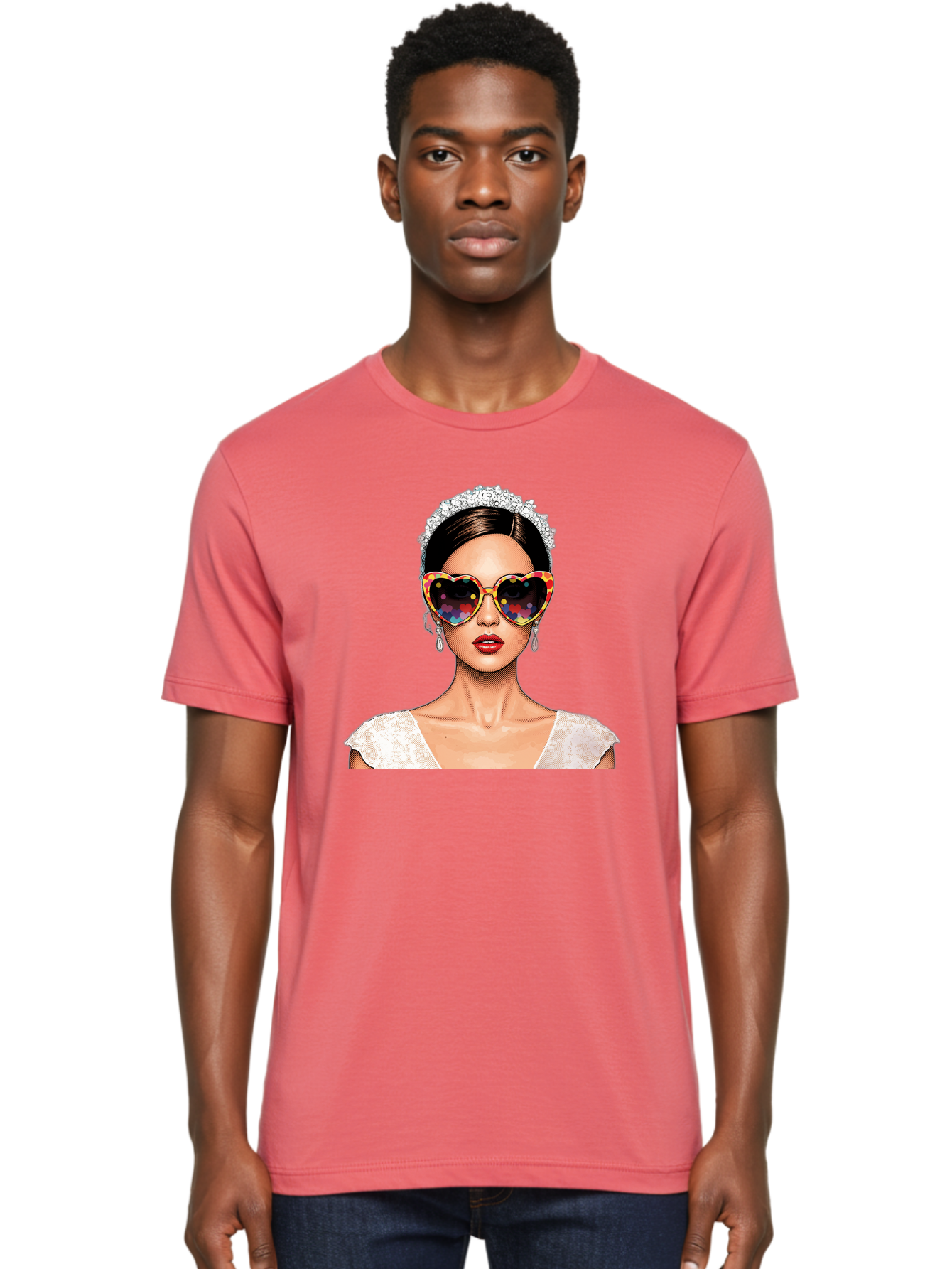 Bride-Sunglasses Men'S Graphic Tee, 100% Cotton, Comfortable Casual Summer Wear, Machine Washable, Bride With Sunglasses, Heart-Shaped Glasses, Rainbow Colors, Wedding Accessories, White Wedding Dress, Red Lips, Earrings, Tiara, Baa227