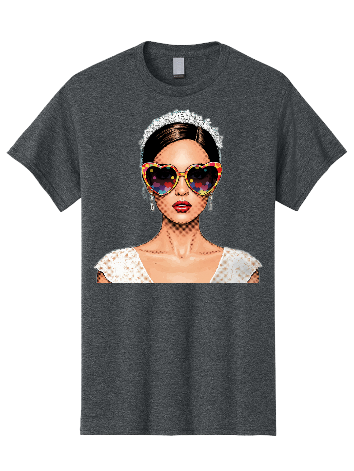 Bride-Sunglasses Men'S Graphic Tee, 100% Cotton, Comfortable Casual Summer Wear, Machine Washable, Bride With Sunglasses, Heart-Shaped Glasses, Rainbow Colors, Wedding Accessories, White Wedding Dress, Red Lips, Earrings, Tiara, Baa227