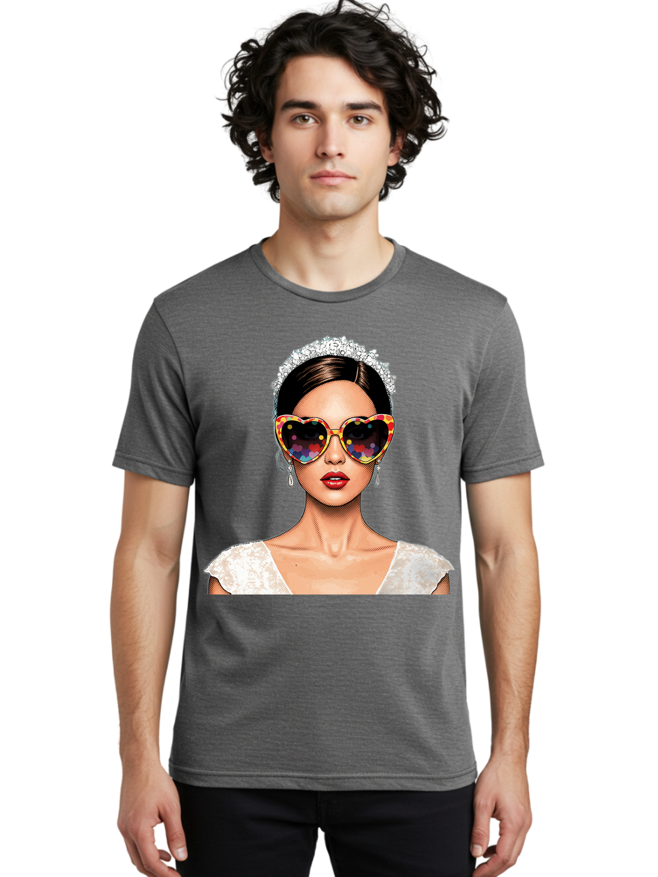 Bride-Sunglasses Men'S Graphic Tee, 100% Cotton, Comfortable Casual Summer Wear, Machine Washable, Bride With Sunglasses, Heart-Shaped Glasses, Rainbow Colors, Wedding Accessories, White Wedding Dress, Red Lips, Earrings, Tiara, Baa227