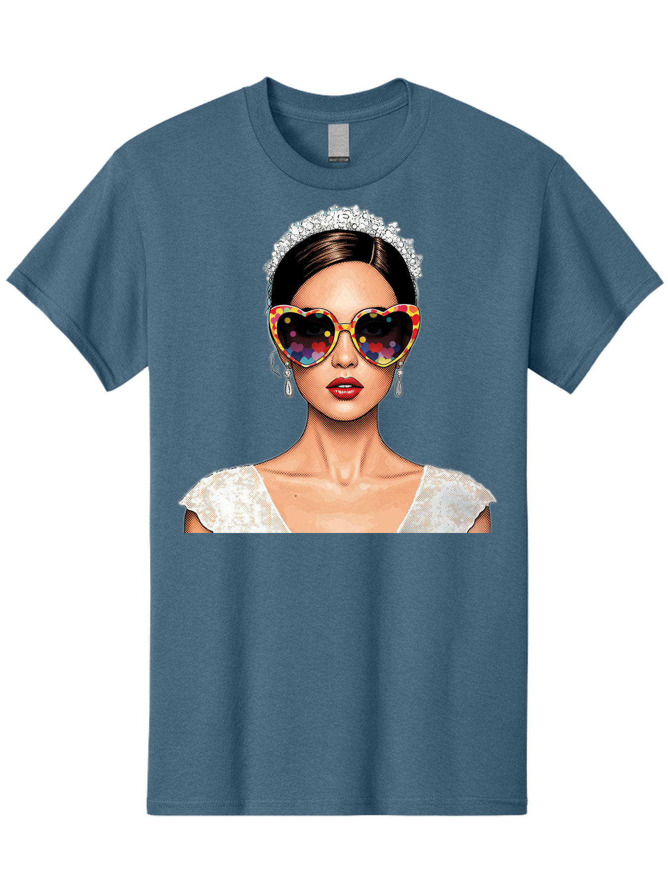 Bride-Sunglasses Men'S Graphic Tee, 100% Cotton, Comfortable Casual Summer Wear, Machine Washable, Bride With Sunglasses, Heart-Shaped Glasses, Rainbow Colors, Wedding Accessories, White Wedding Dress, Red Lips, Earrings, Tiara, Baa227
