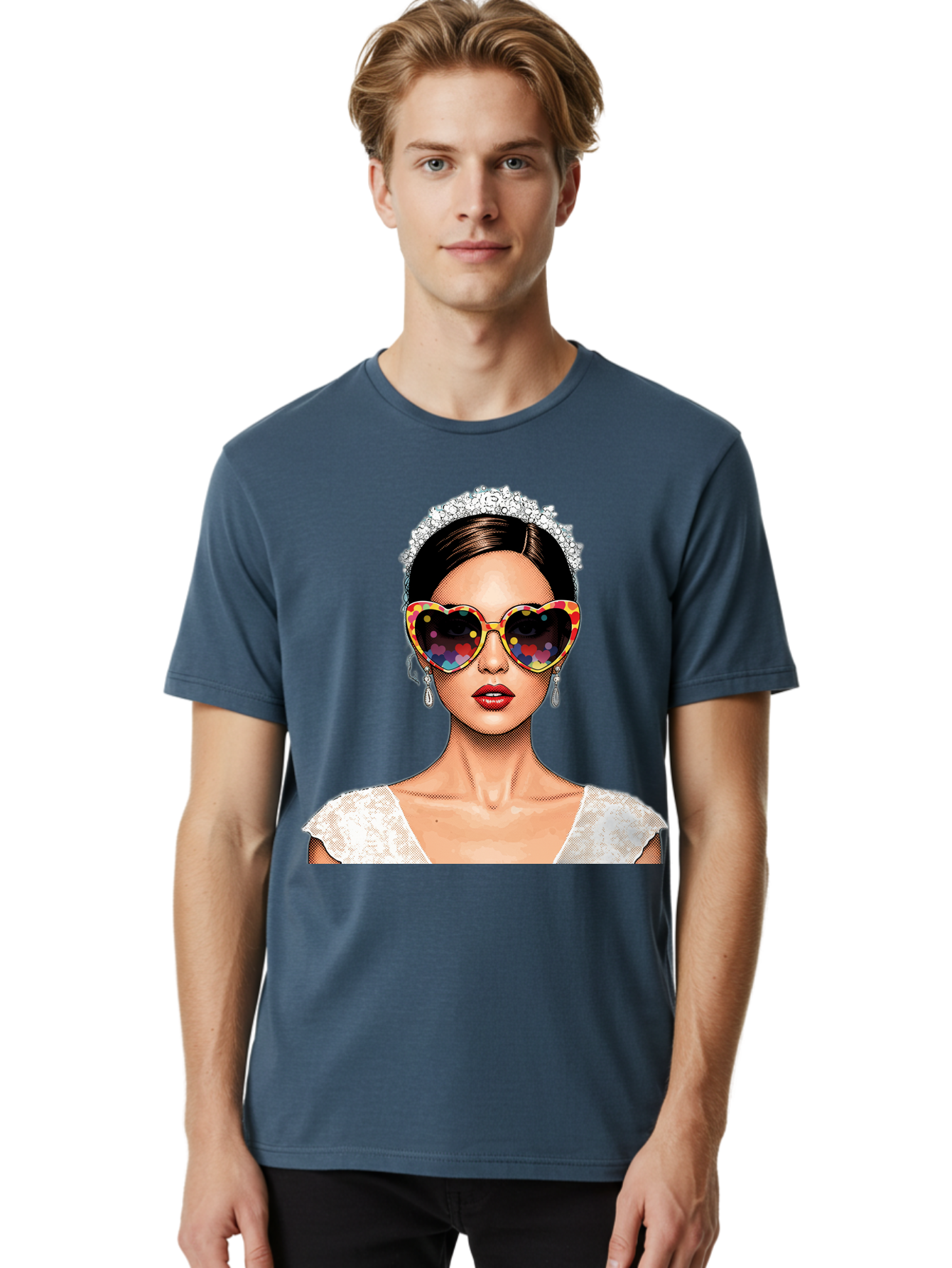 Bride-Sunglasses Men'S Graphic Tee, 100% Cotton, Comfortable Casual Summer Wear, Machine Washable, Bride With Sunglasses, Heart-Shaped Glasses, Rainbow Colors, Wedding Accessories, White Wedding Dress, Red Lips, Earrings, Tiara, Baa227