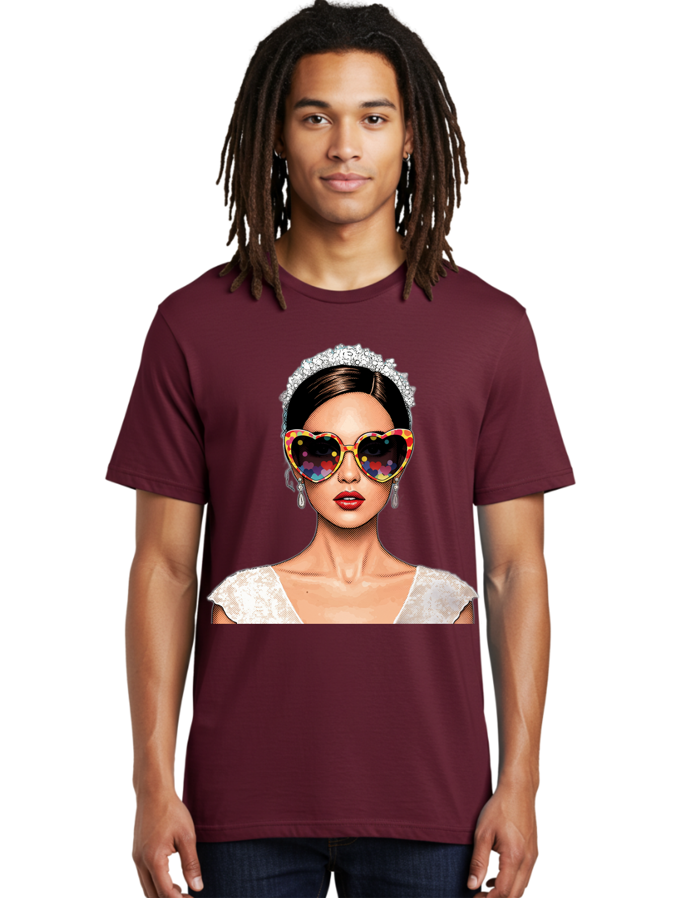 Bride-Sunglasses Men'S Graphic Tee, 100% Cotton, Comfortable Casual Summer Wear, Machine Washable, Bride With Sunglasses, Heart-Shaped Glasses, Rainbow Colors, Wedding Accessories, White Wedding Dress, Red Lips, Earrings, Tiara, Baa227