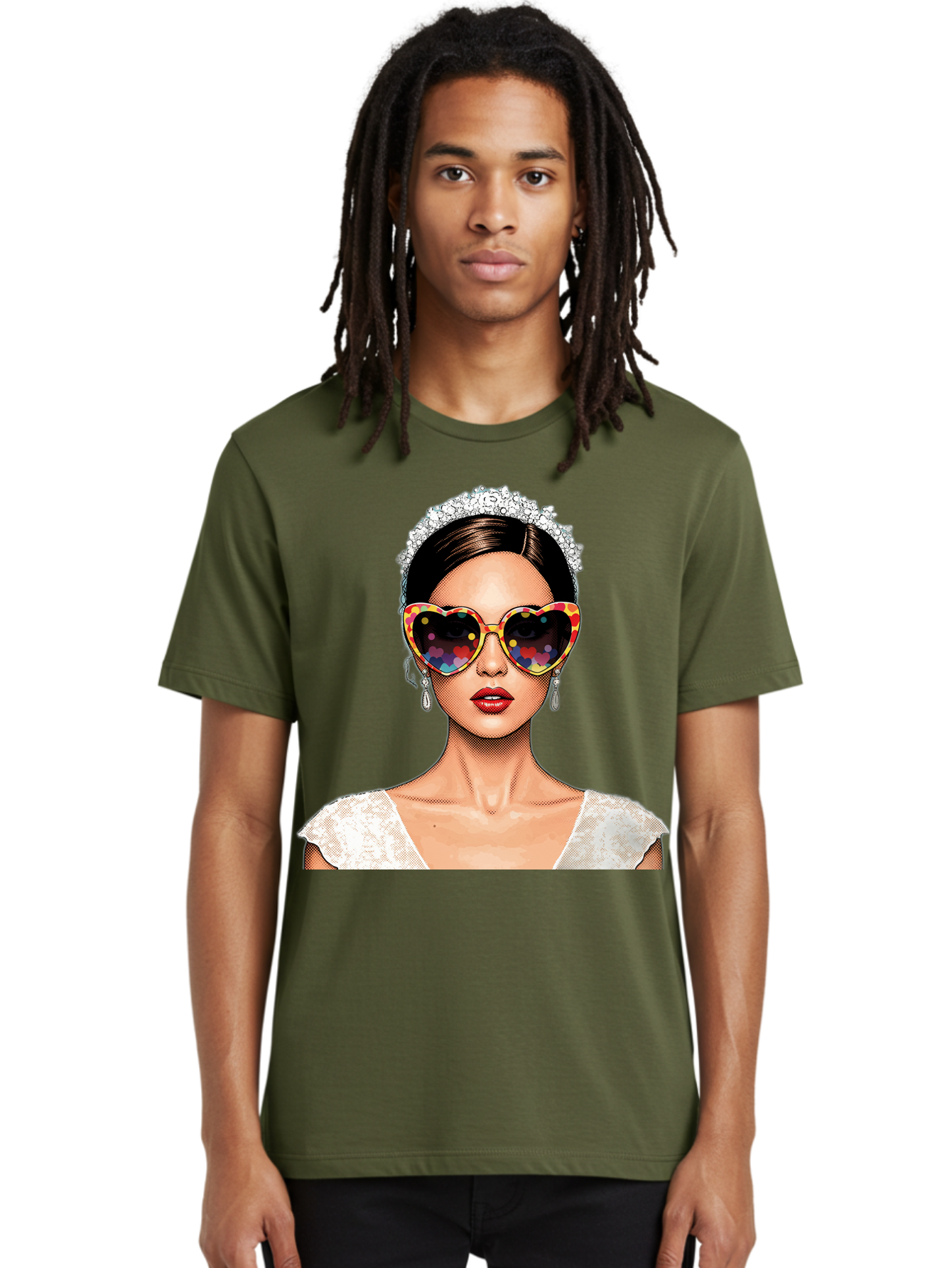 Bride-Sunglasses Men'S Graphic Tee, 100% Cotton, Comfortable Casual Summer Wear, Machine Washable, Bride With Sunglasses, Heart-Shaped Glasses, Rainbow Colors, Wedding Accessories, White Wedding Dress, Red Lips, Earrings, Tiara, Baa227