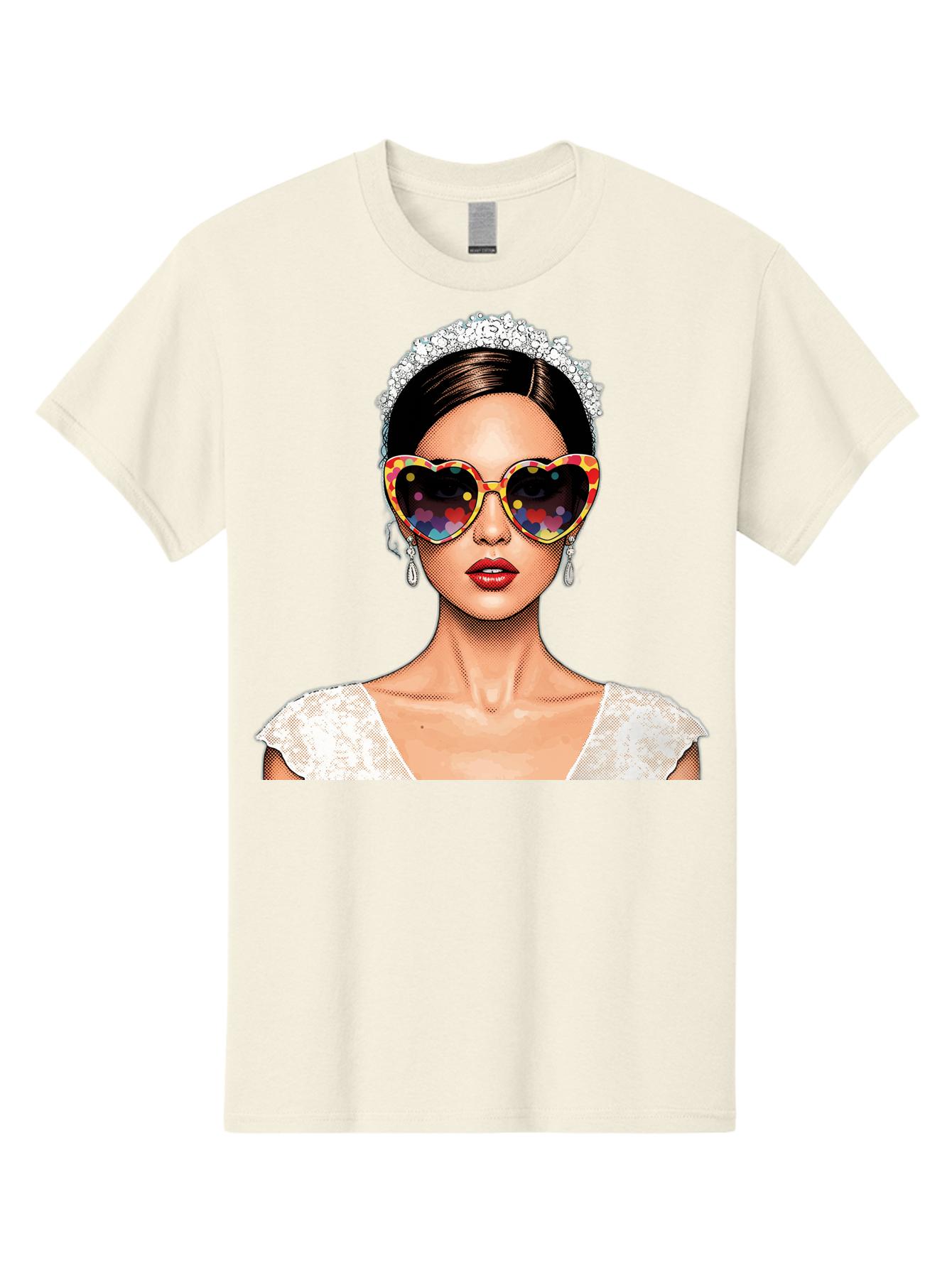 Bride-Sunglasses Men'S Graphic Tee, 100% Cotton, Comfortable Casual Summer Wear, Machine Washable, Bride With Sunglasses, Heart-Shaped Glasses, Rainbow Colors, Wedding Accessories, White Wedding Dress, Red Lips, Earrings, Tiara, Baa227