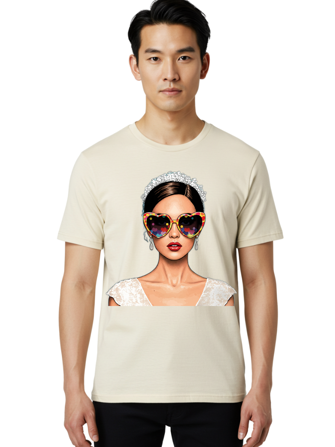 Bride-Sunglasses Men'S Graphic Tee, 100% Cotton, Comfortable Casual Summer Wear, Machine Washable, Bride With Sunglasses, Heart-Shaped Glasses, Rainbow Colors, Wedding Accessories, White Wedding Dress, Red Lips, Earrings, Tiara, Baa227