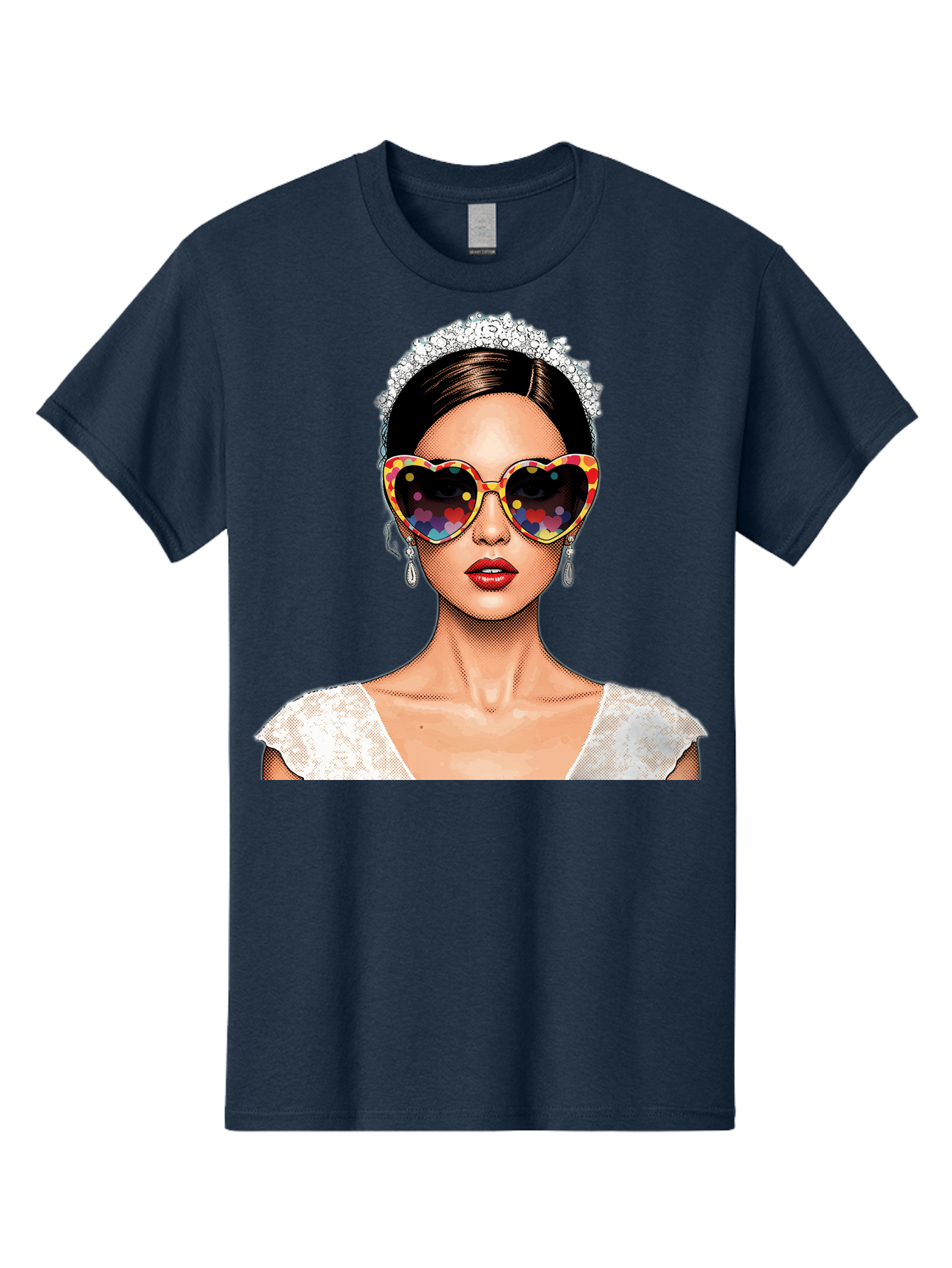Bride-Sunglasses Men'S Graphic Tee, 100% Cotton, Comfortable Casual Summer Wear, Machine Washable, Bride With Sunglasses, Heart-Shaped Glasses, Rainbow Colors, Wedding Accessories, White Wedding Dress, Red Lips, Earrings, Tiara, Baa227