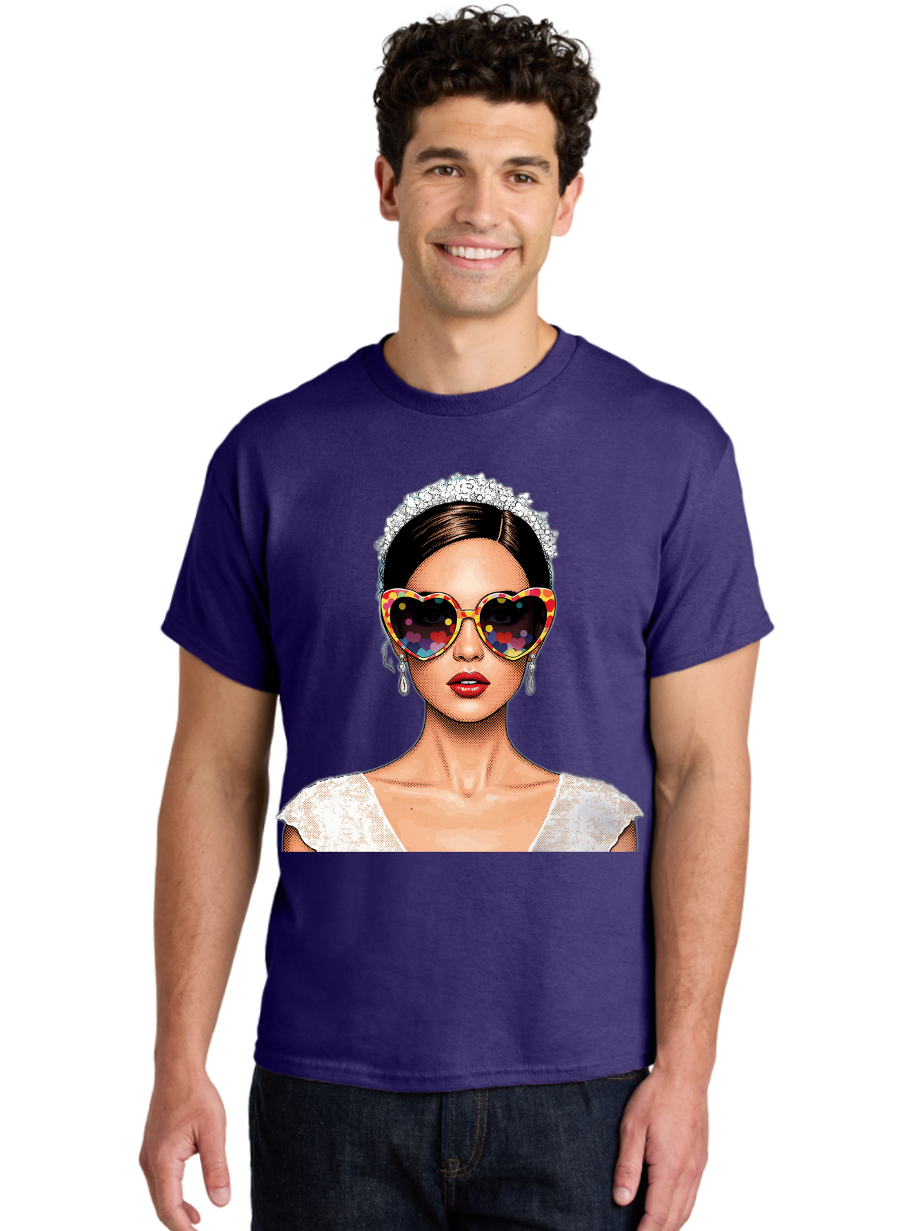 Bride-Sunglasses Men'S Graphic Tee, 100% Cotton, Comfortable Casual Summer Wear, Machine Washable, Bride With Sunglasses, Heart-Shaped Glasses, Rainbow Colors, Wedding Accessories, White Wedding Dress, Red Lips, Earrings, Tiara, Baa227