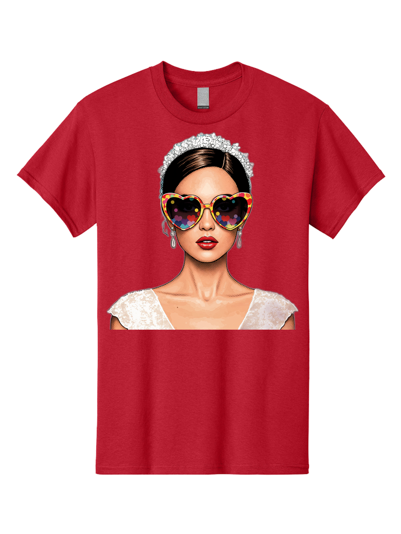 Bride-Sunglasses Men'S Graphic Tee, 100% Cotton, Comfortable Casual Summer Wear, Machine Washable, Bride With Sunglasses, Heart-Shaped Glasses, Rainbow Colors, Wedding Accessories, White Wedding Dress, Red Lips, Earrings, Tiara, Baa227
