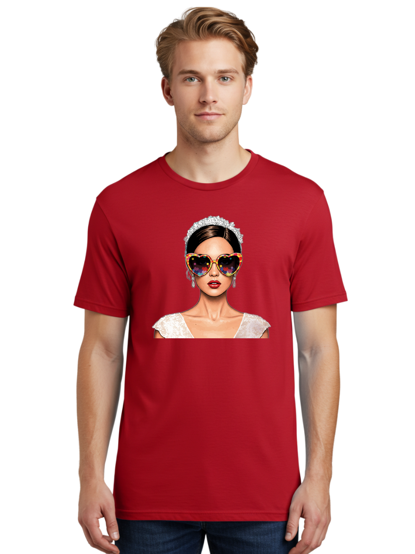 Bride-Sunglasses Men'S Graphic Tee, 100% Cotton, Comfortable Casual Summer Wear, Machine Washable, Bride With Sunglasses, Heart-Shaped Glasses, Rainbow Colors, Wedding Accessories, White Wedding Dress, Red Lips, Earrings, Tiara, Baa227