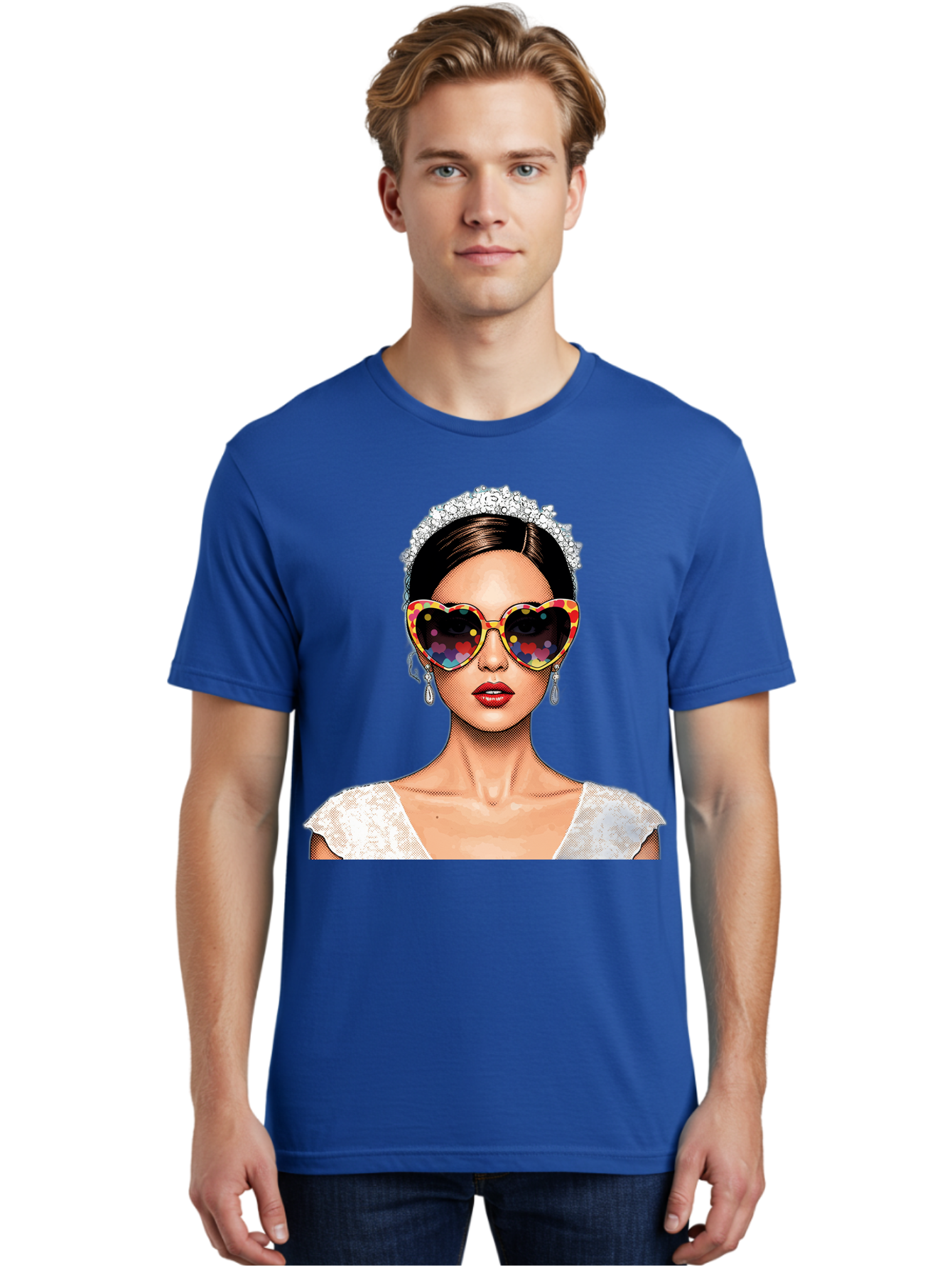 Bride-Sunglasses Men'S Graphic Tee, 100% Cotton, Comfortable Casual Summer Wear, Machine Washable, Bride With Sunglasses, Heart-Shaped Glasses, Rainbow Colors, Wedding Accessories, White Wedding Dress, Red Lips, Earrings, Tiara, Baa227