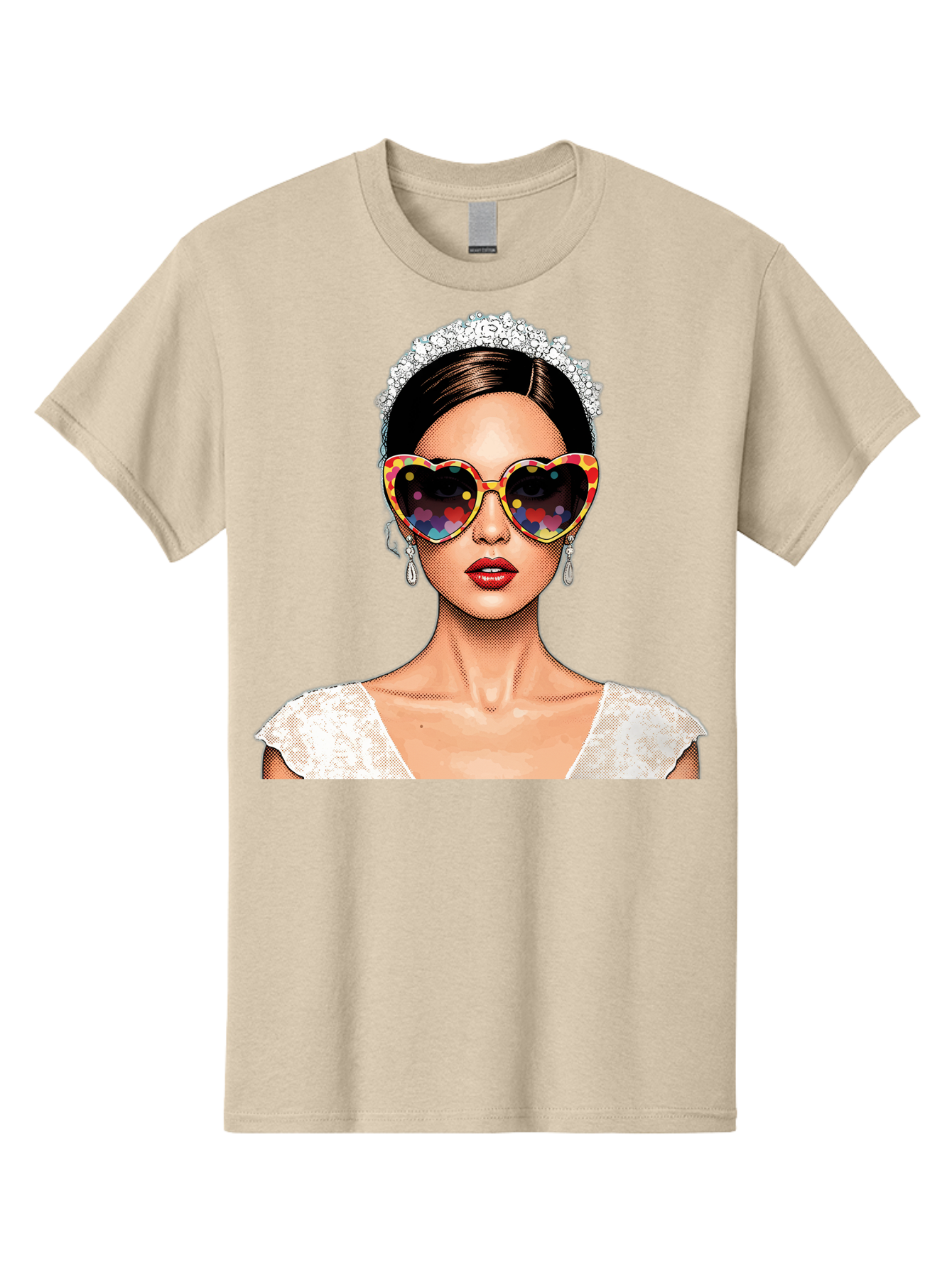 Bride-Sunglasses Men'S Graphic Tee, 100% Cotton, Comfortable Casual Summer Wear, Machine Washable, Bride With Sunglasses, Heart-Shaped Glasses, Rainbow Colors, Wedding Accessories, White Wedding Dress, Red Lips, Earrings, Tiara, Baa227