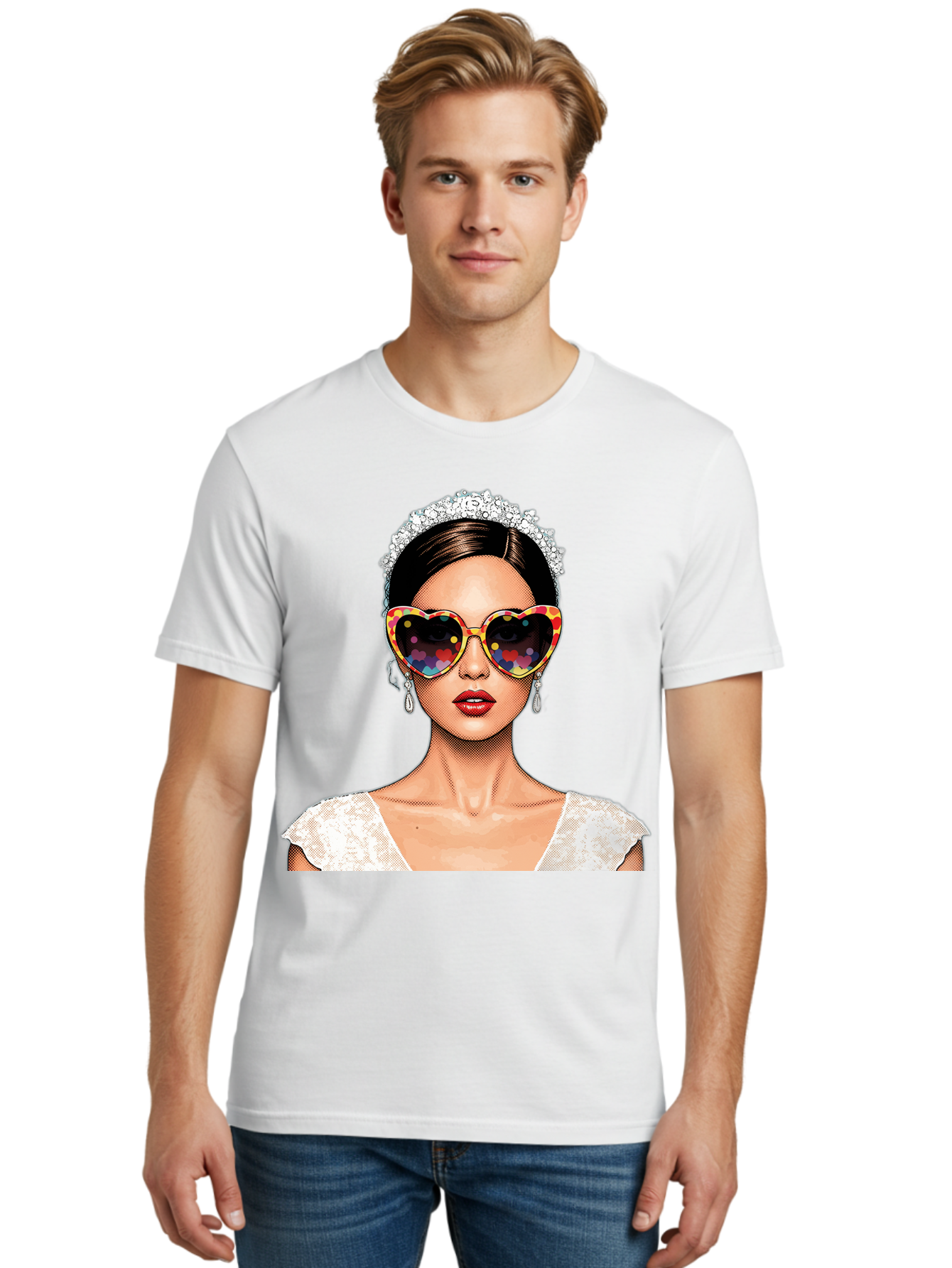 Bride-Sunglasses Men'S Graphic Tee, 100% Cotton, Comfortable Casual Summer Wear, Machine Washable, Bride With Sunglasses, Heart-Shaped Glasses, Rainbow Colors, Wedding Accessories, White Wedding Dress, Red Lips, Earrings, Tiara, Baa227
