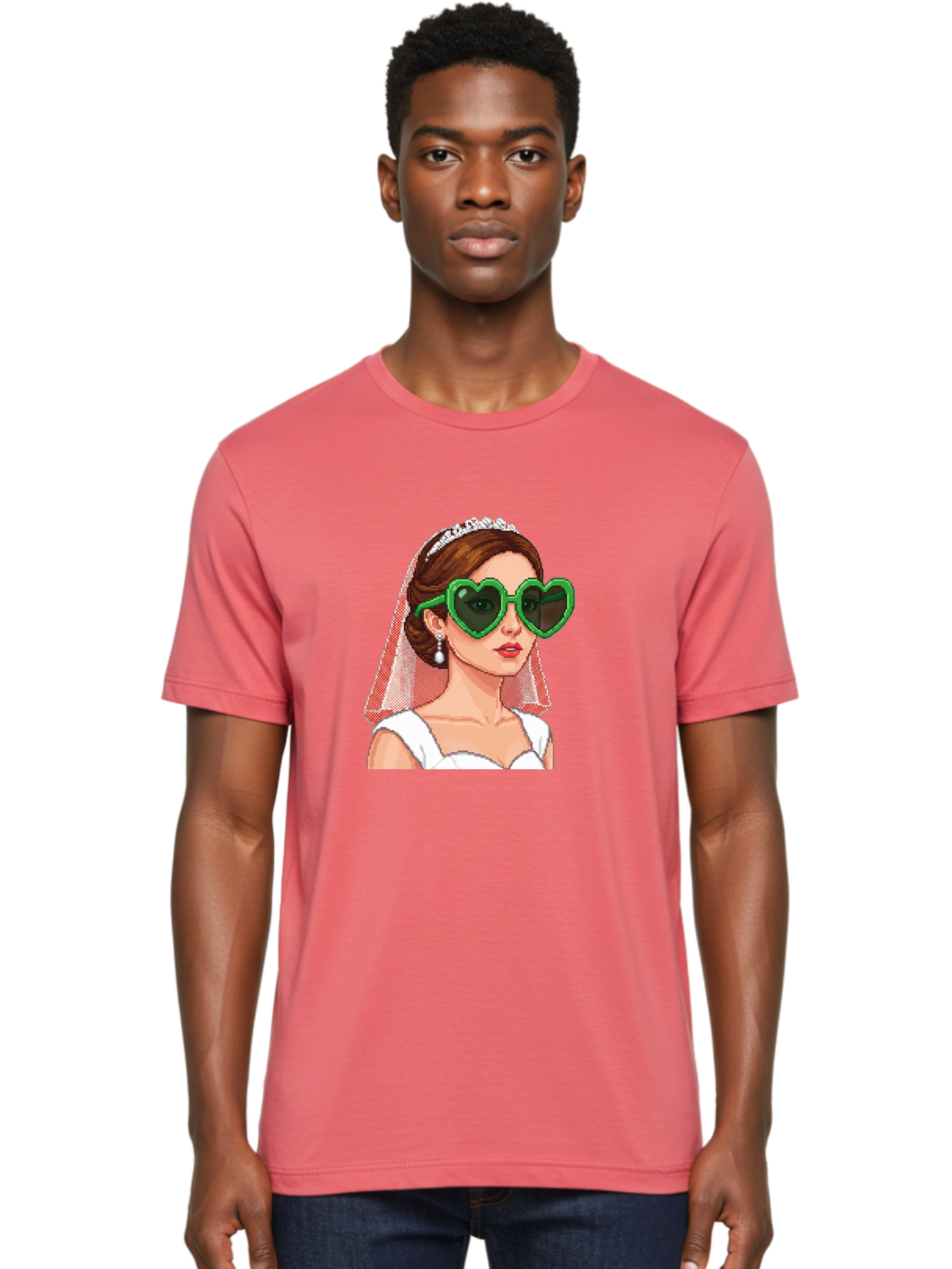 Bride-With-Heart-Shaped-Sunglasses-1 Men'S Graphic Tee, 100% Cotton, Comfortable Casual Summer Wear, Machine Washable, Bride Wearing Heart-Shaped Sunglasses, Trendy Wedding Attire, Stylish Accessories, Veil And Tiara, Modern Fashion, Baa228