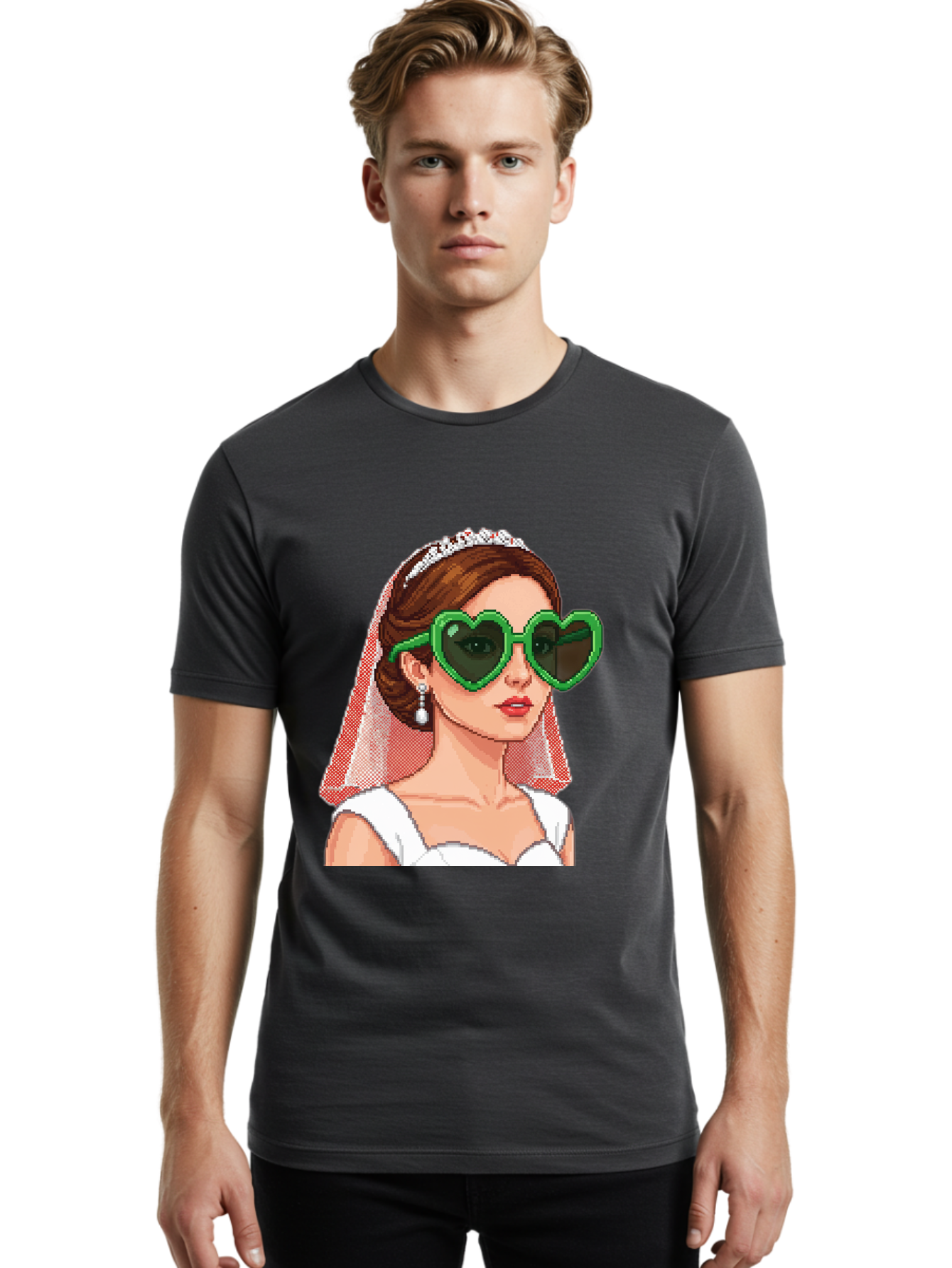Bride-With-Heart-Shaped-Sunglasses-1 Men'S Graphic Tee, 100% Cotton, Comfortable Casual Summer Wear, Machine Washable, Bride Wearing Heart-Shaped Sunglasses, Trendy Wedding Attire, Stylish Accessories, Veil And Tiara, Modern Fashion, Baa228