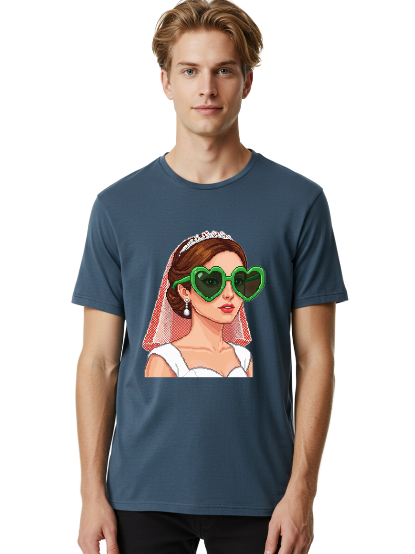 Bride-With-Heart-Shaped-Sunglasses-1 Men'S Graphic Tee, 100% Cotton, Comfortable Casual Summer Wear, Machine Washable, Bride Wearing Heart-Shaped Sunglasses, Trendy Wedding Attire, Stylish Accessories, Veil And Tiara, Modern Fashion, Baa228