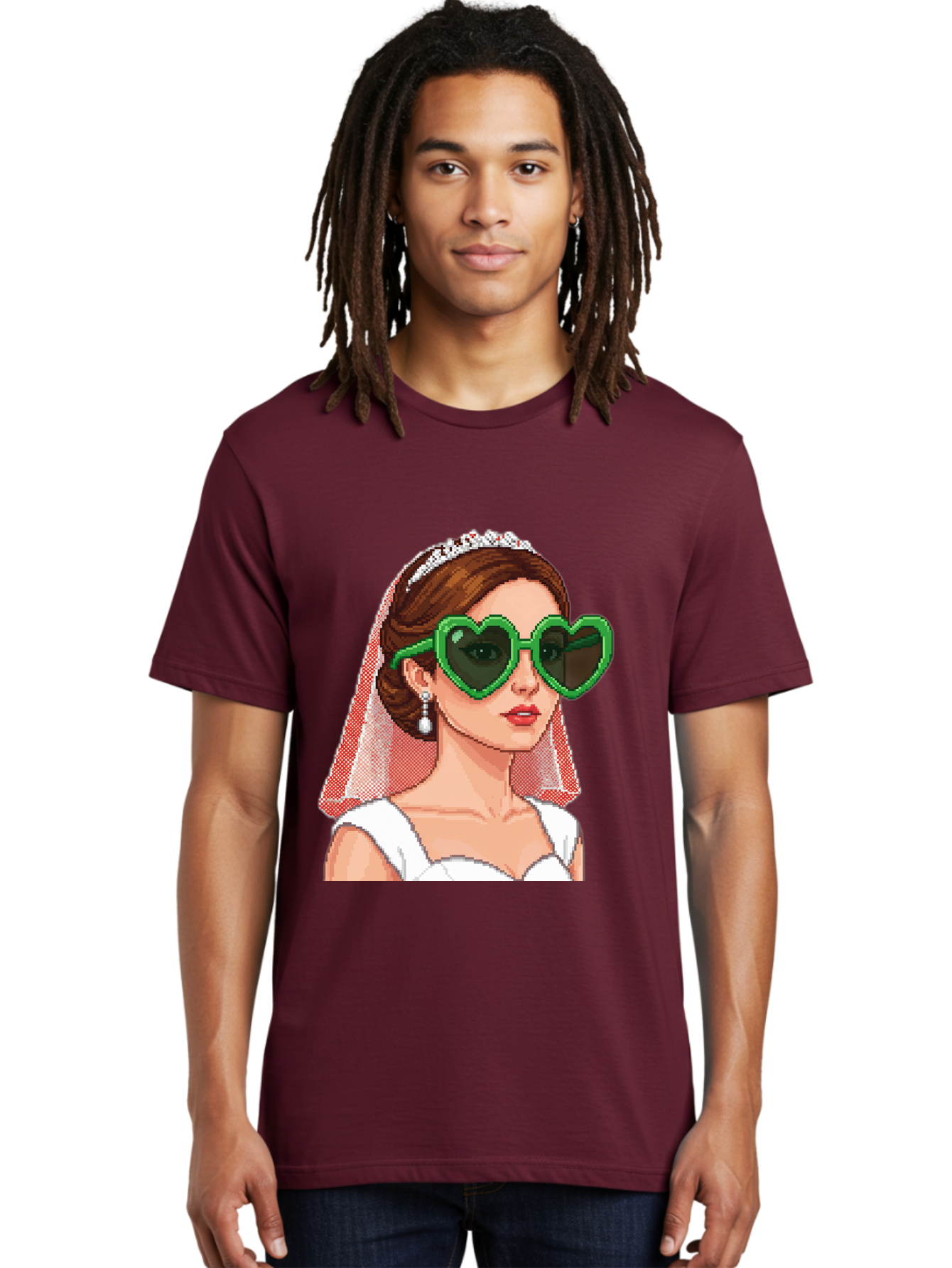 Bride-With-Heart-Shaped-Sunglasses-1 Men'S Graphic Tee, 100% Cotton, Comfortable Casual Summer Wear, Machine Washable, Bride Wearing Heart-Shaped Sunglasses, Trendy Wedding Attire, Stylish Accessories, Veil And Tiara, Modern Fashion, Baa228