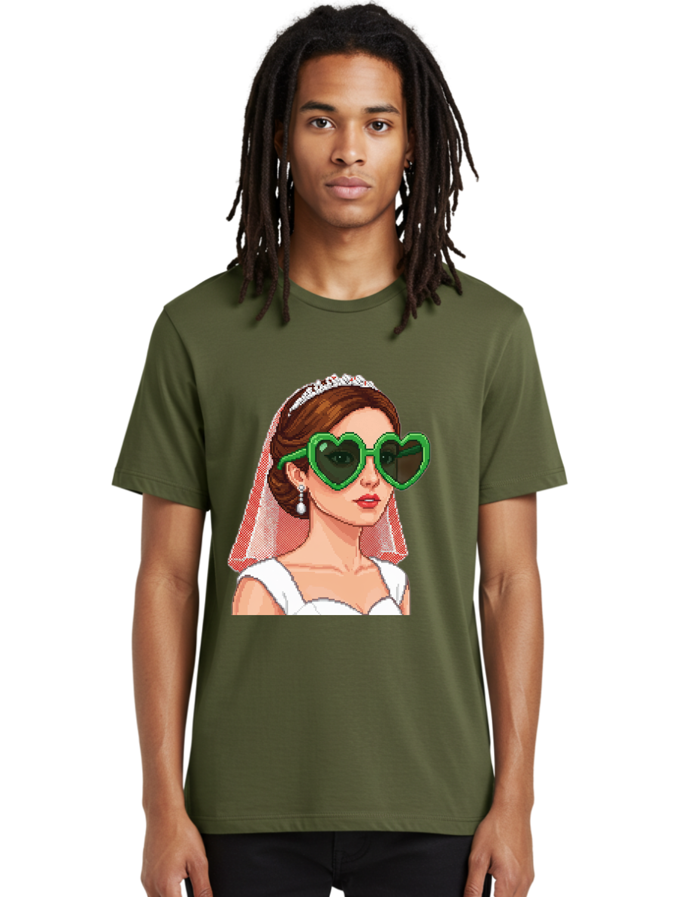Bride-With-Heart-Shaped-Sunglasses-1 Men'S Graphic Tee, 100% Cotton, Comfortable Casual Summer Wear, Machine Washable, Bride Wearing Heart-Shaped Sunglasses, Trendy Wedding Attire, Stylish Accessories, Veil And Tiara, Modern Fashion, Baa228