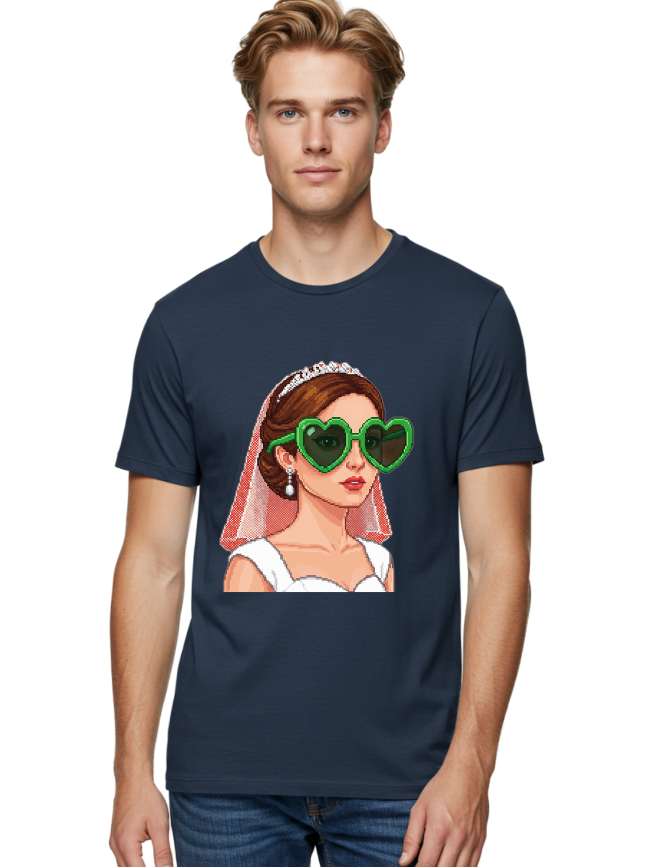 Bride-With-Heart-Shaped-Sunglasses-1 Men'S Graphic Tee, 100% Cotton, Comfortable Casual Summer Wear, Machine Washable, Bride Wearing Heart-Shaped Sunglasses, Trendy Wedding Attire, Stylish Accessories, Veil And Tiara, Modern Fashion, Baa228