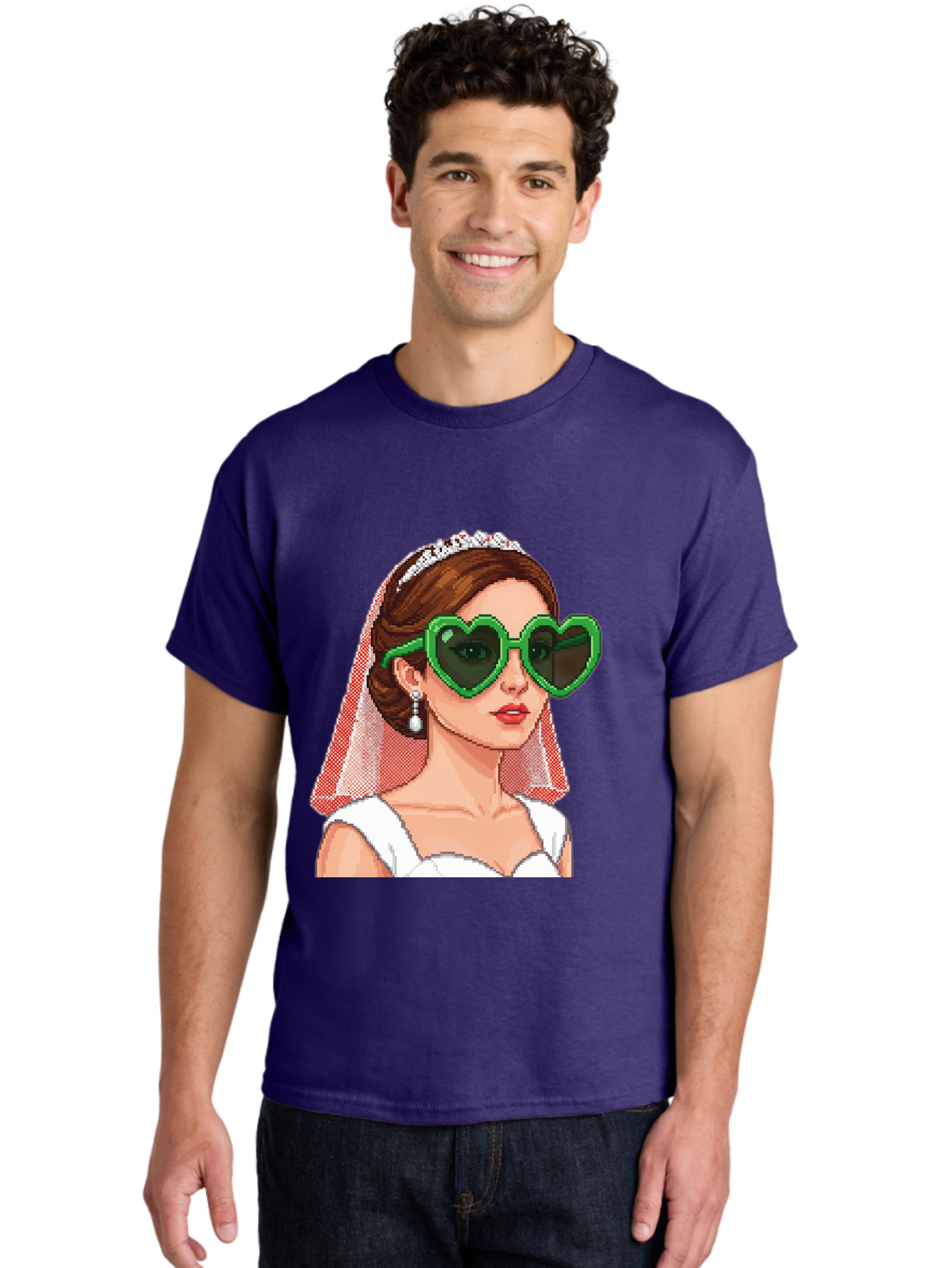 Bride-With-Heart-Shaped-Sunglasses-1 Men'S Graphic Tee, 100% Cotton, Comfortable Casual Summer Wear, Machine Washable, Bride Wearing Heart-Shaped Sunglasses, Trendy Wedding Attire, Stylish Accessories, Veil And Tiara, Modern Fashion, Baa228