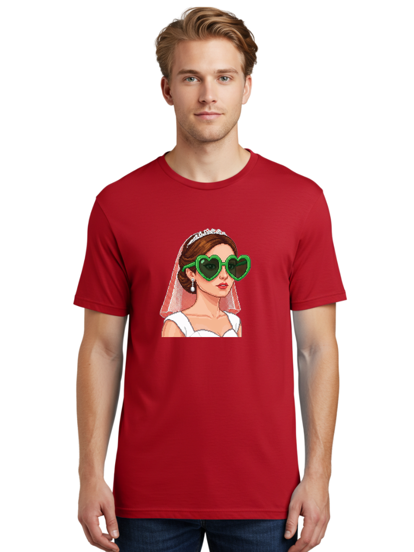 Bride-With-Heart-Shaped-Sunglasses-1 Men'S Graphic Tee, 100% Cotton, Comfortable Casual Summer Wear, Machine Washable, Bride Wearing Heart-Shaped Sunglasses, Trendy Wedding Attire, Stylish Accessories, Veil And Tiara, Modern Fashion, Baa228