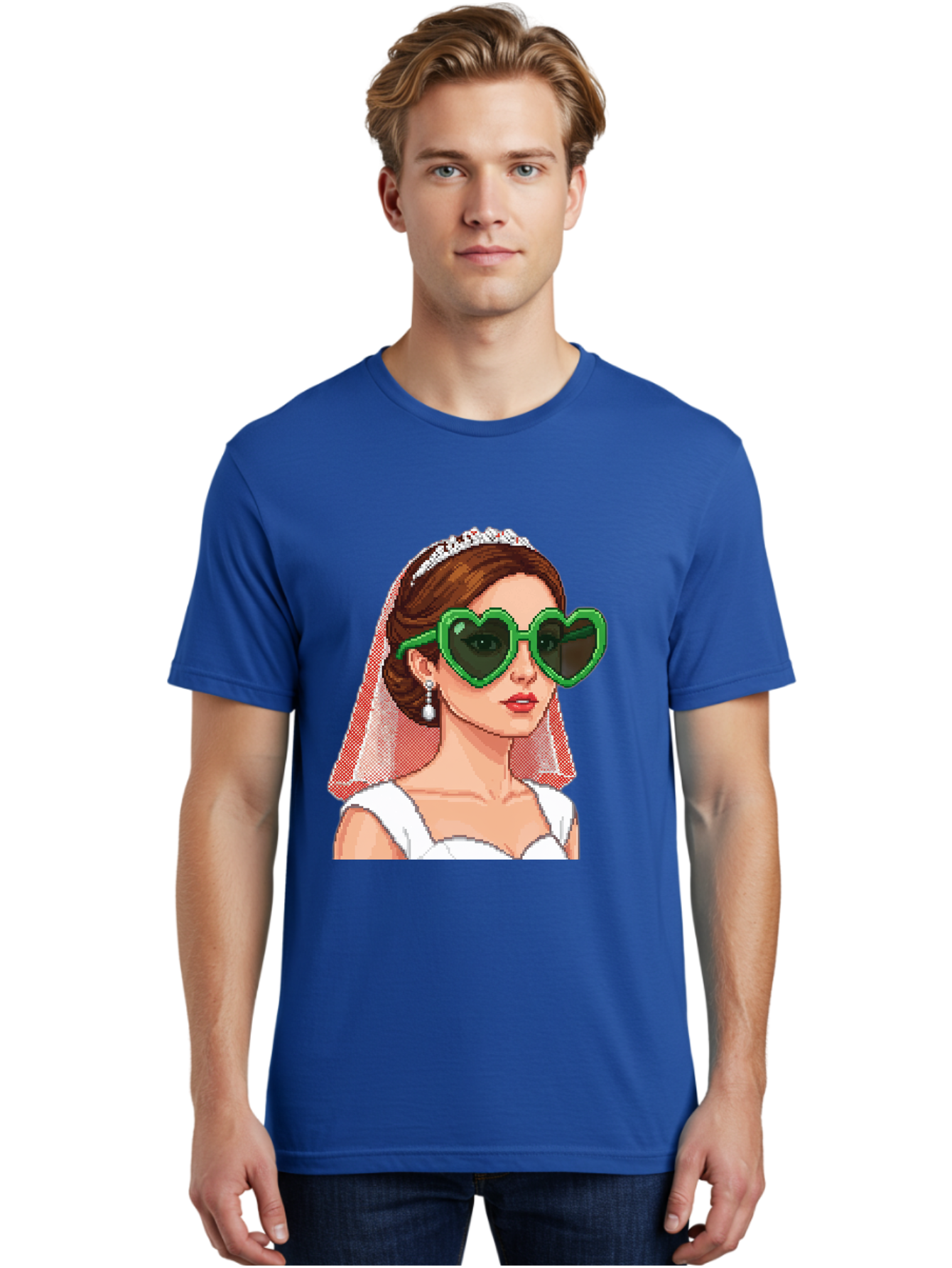 Bride-With-Heart-Shaped-Sunglasses-1 Men'S Graphic Tee, 100% Cotton, Comfortable Casual Summer Wear, Machine Washable, Bride Wearing Heart-Shaped Sunglasses, Trendy Wedding Attire, Stylish Accessories, Veil And Tiara, Modern Fashion, Baa228