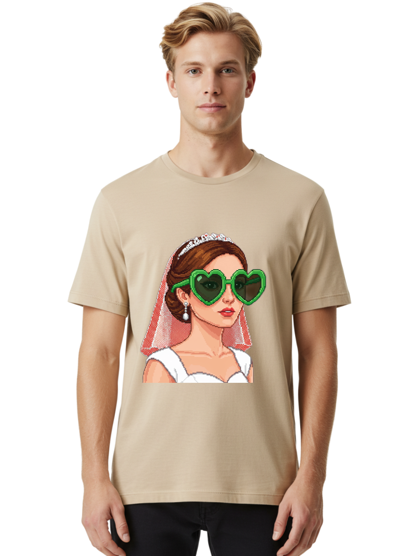Bride-With-Heart-Shaped-Sunglasses-1 Men'S Graphic Tee, 100% Cotton, Comfortable Casual Summer Wear, Machine Washable, Bride Wearing Heart-Shaped Sunglasses, Trendy Wedding Attire, Stylish Accessories, Veil And Tiara, Modern Fashion, Baa228