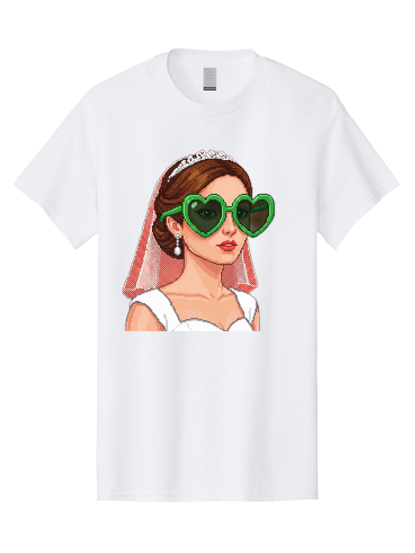 Bride-With-Heart-Shaped-Sunglasses-1 Men'S Graphic Tee, 100% Cotton, Comfortable Casual Summer Wear, Machine Washable, Bride Wearing Heart-Shaped Sunglasses, Trendy Wedding Attire, Stylish Accessories, Veil And Tiara, Modern Fashion, Baa228