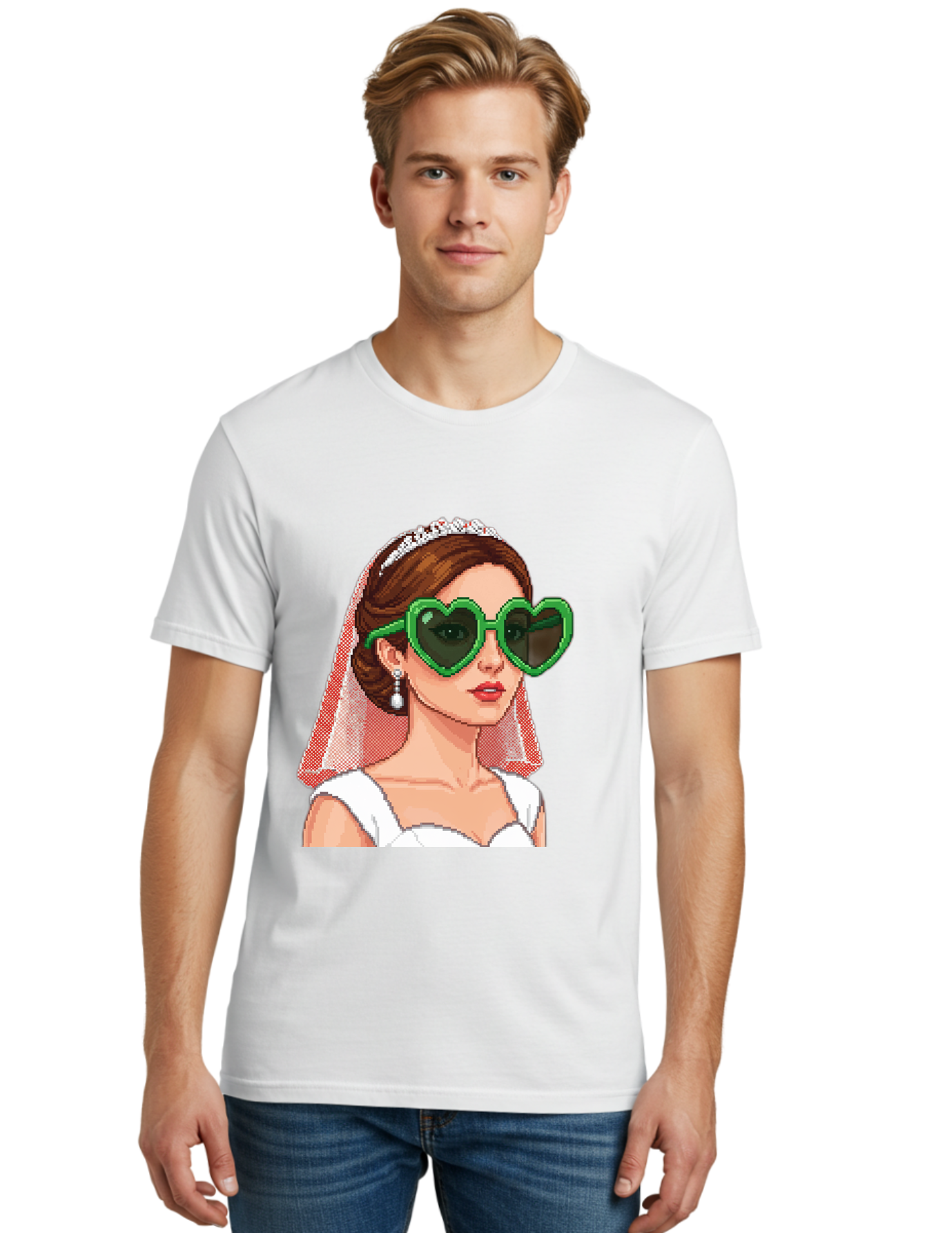 Bride-With-Heart-Shaped-Sunglasses-1 Men'S Graphic Tee, 100% Cotton, Comfortable Casual Summer Wear, Machine Washable, Bride Wearing Heart-Shaped Sunglasses, Trendy Wedding Attire, Stylish Accessories, Veil And Tiara, Modern Fashion, Baa228
