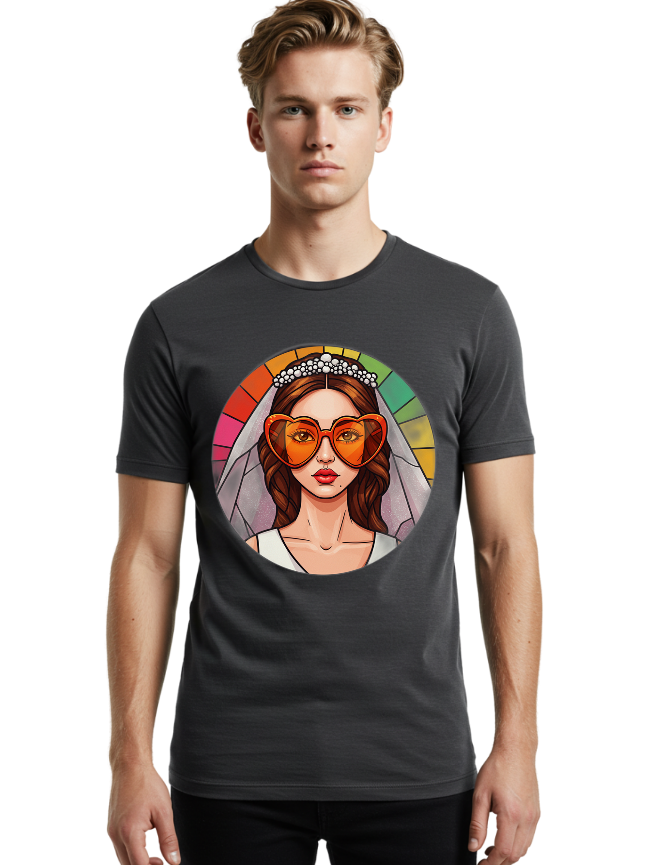 Bride-With-Heart-Shaped-Sunglasses-2 Men'S Graphic Tee, 100% Cotton, Comfortable Casual Summer Wear, Machine Washable, Cartoon Bride, Heart-Shaped Sunglasses, White Veil, Stained Glass Effect, Red Lips, Orange Shades, Wedding Attire, Baa229