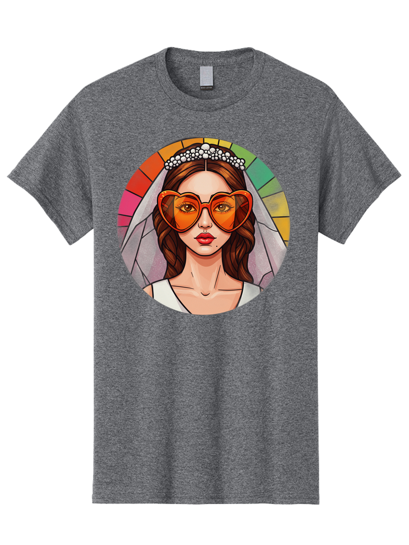 Bride-With-Heart-Shaped-Sunglasses-2 Men'S Graphic Tee, 100% Cotton, Comfortable Casual Summer Wear, Machine Washable, Cartoon Bride, Heart-Shaped Sunglasses, White Veil, Stained Glass Effect, Red Lips, Orange Shades, Wedding Attire, Baa229