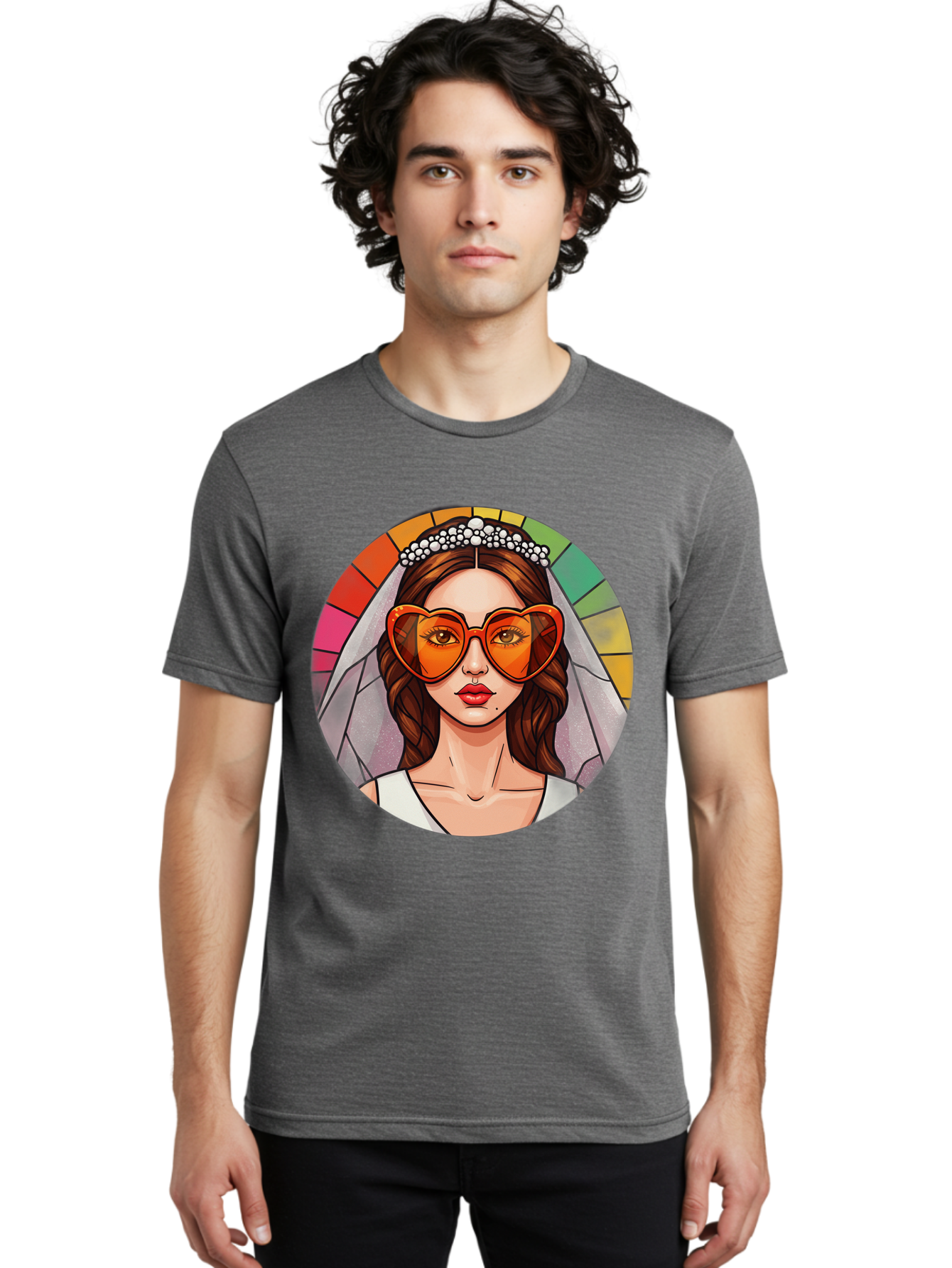 Bride-With-Heart-Shaped-Sunglasses-2 Men'S Graphic Tee, 100% Cotton, Comfortable Casual Summer Wear, Machine Washable, Cartoon Bride, Heart-Shaped Sunglasses, White Veil, Stained Glass Effect, Red Lips, Orange Shades, Wedding Attire, Baa229