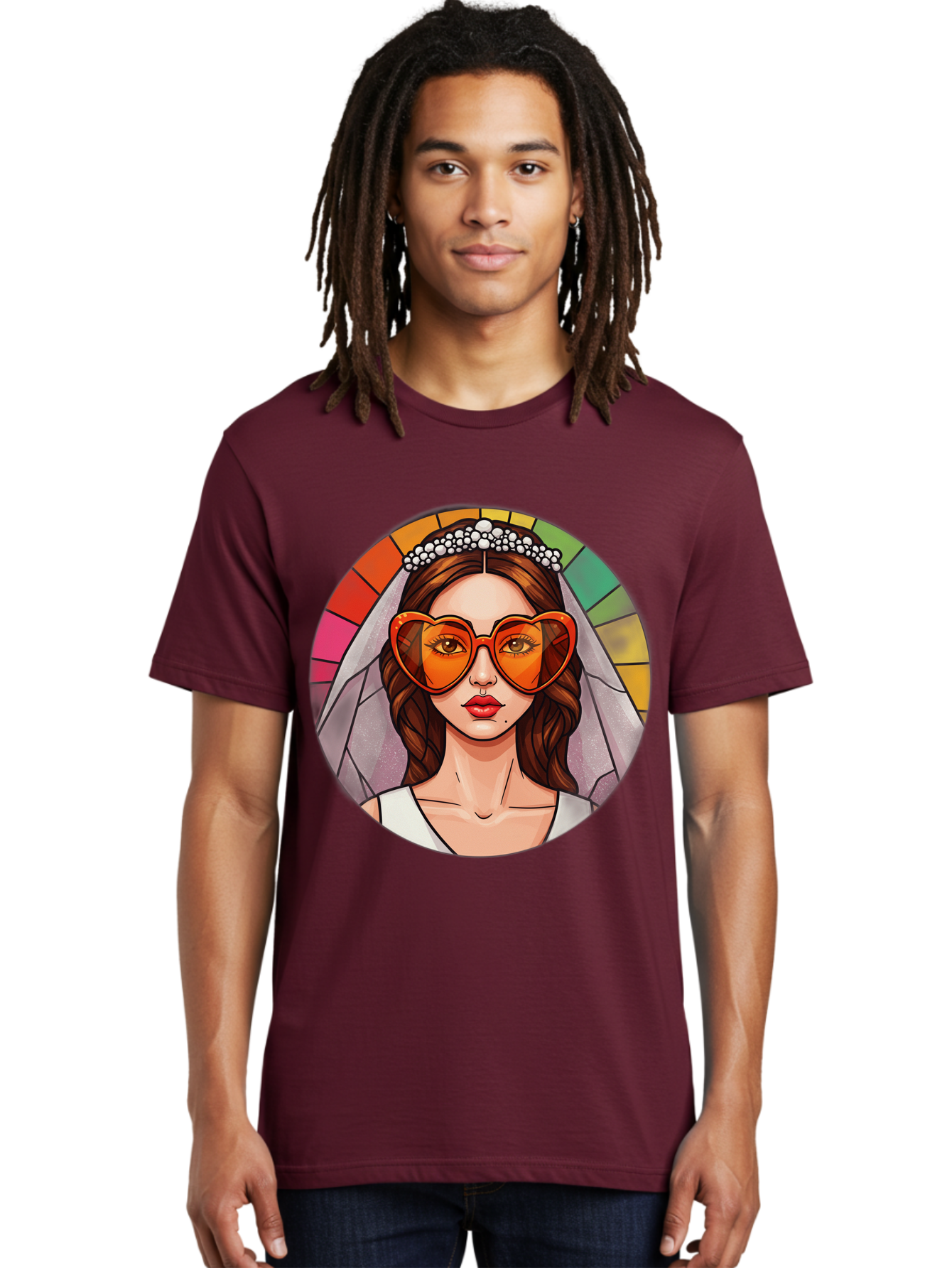 Bride-With-Heart-Shaped-Sunglasses-2 Men'S Graphic Tee, 100% Cotton, Comfortable Casual Summer Wear, Machine Washable, Cartoon Bride, Heart-Shaped Sunglasses, White Veil, Stained Glass Effect, Red Lips, Orange Shades, Wedding Attire, Baa229