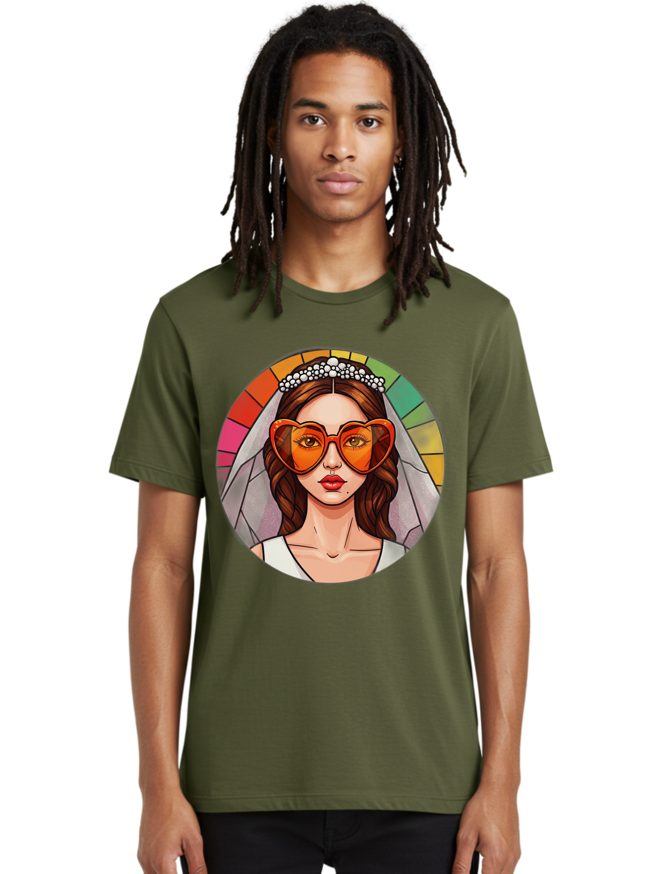 Bride-With-Heart-Shaped-Sunglasses-2 Men'S Graphic Tee, 100% Cotton, Comfortable Casual Summer Wear, Machine Washable, Cartoon Bride, Heart-Shaped Sunglasses, White Veil, Stained Glass Effect, Red Lips, Orange Shades, Wedding Attire, Baa229