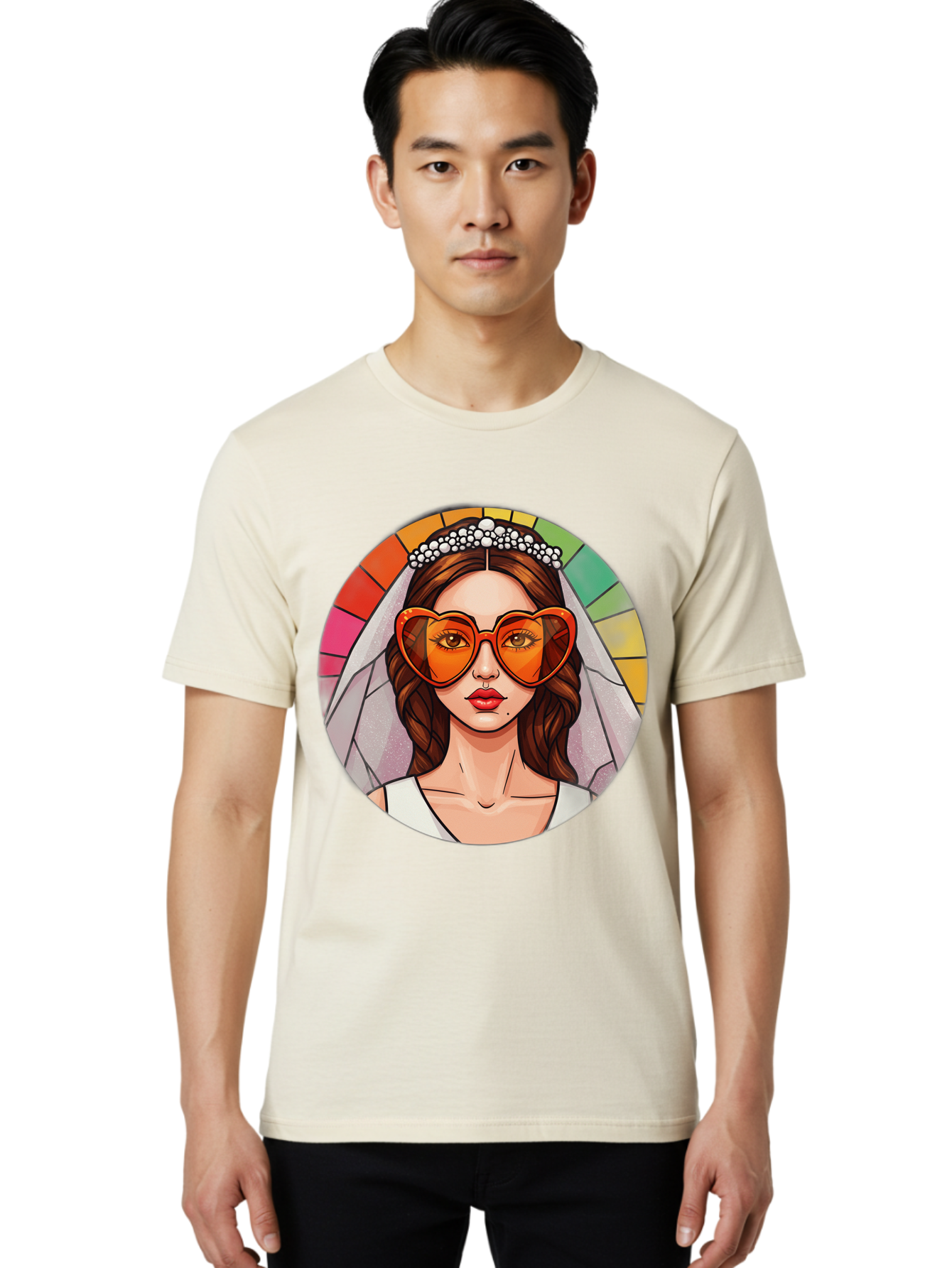 Bride-With-Heart-Shaped-Sunglasses-2 Men'S Graphic Tee, 100% Cotton, Comfortable Casual Summer Wear, Machine Washable, Cartoon Bride, Heart-Shaped Sunglasses, White Veil, Stained Glass Effect, Red Lips, Orange Shades, Wedding Attire, Baa229