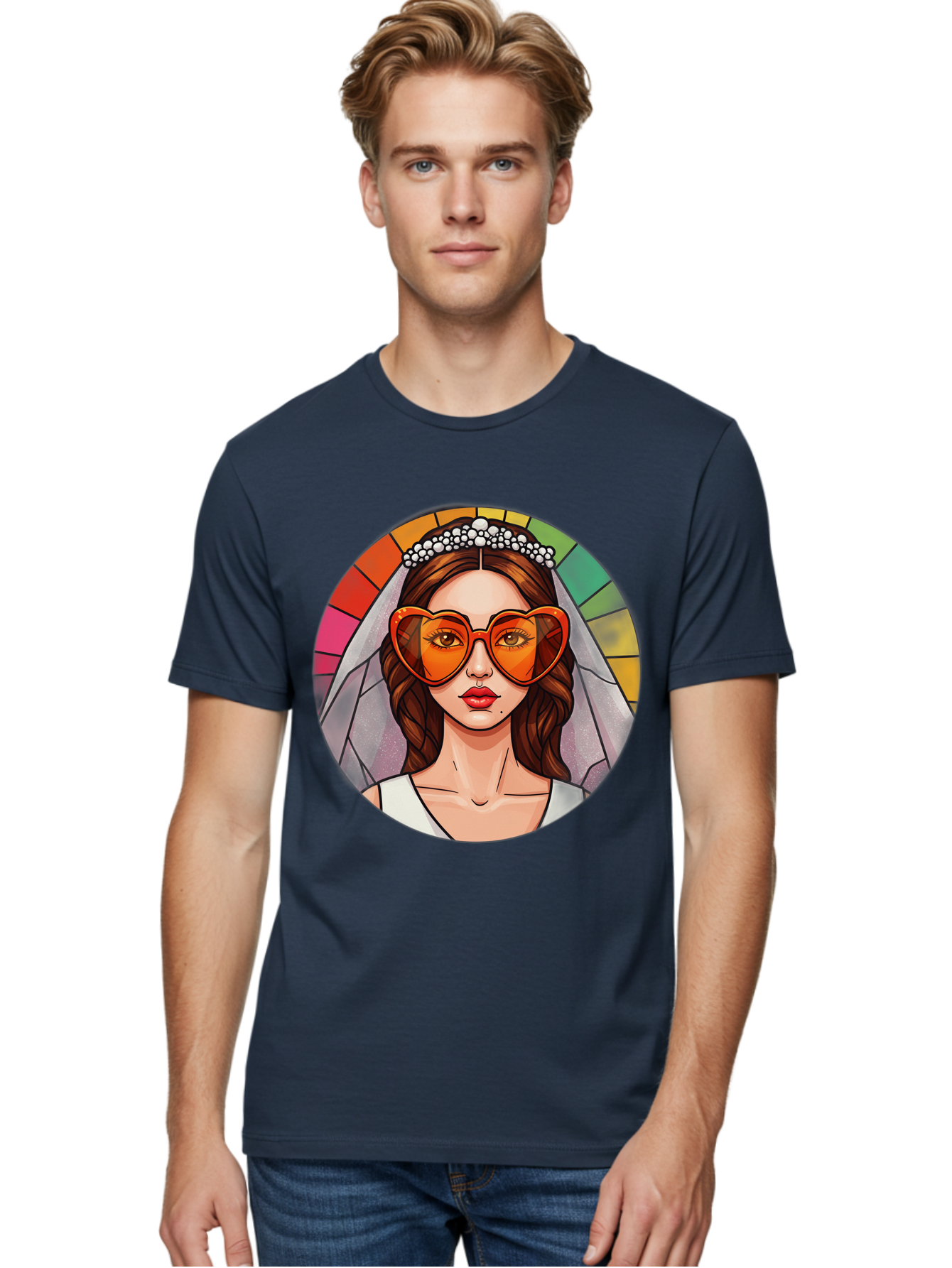 Bride-With-Heart-Shaped-Sunglasses-2 Men'S Graphic Tee, 100% Cotton, Comfortable Casual Summer Wear, Machine Washable, Cartoon Bride, Heart-Shaped Sunglasses, White Veil, Stained Glass Effect, Red Lips, Orange Shades, Wedding Attire, Baa229