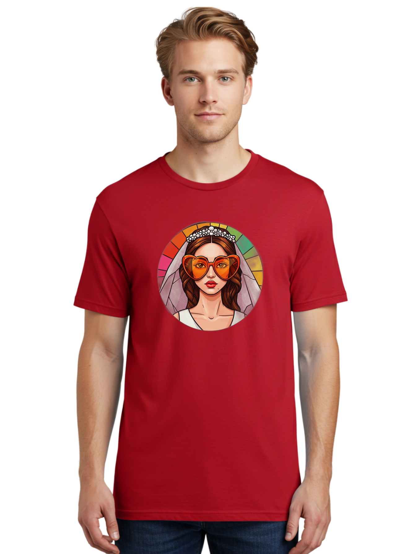 Bride-With-Heart-Shaped-Sunglasses-2 Men'S Graphic Tee, 100% Cotton, Comfortable Casual Summer Wear, Machine Washable, Cartoon Bride, Heart-Shaped Sunglasses, White Veil, Stained Glass Effect, Red Lips, Orange Shades, Wedding Attire, Baa229