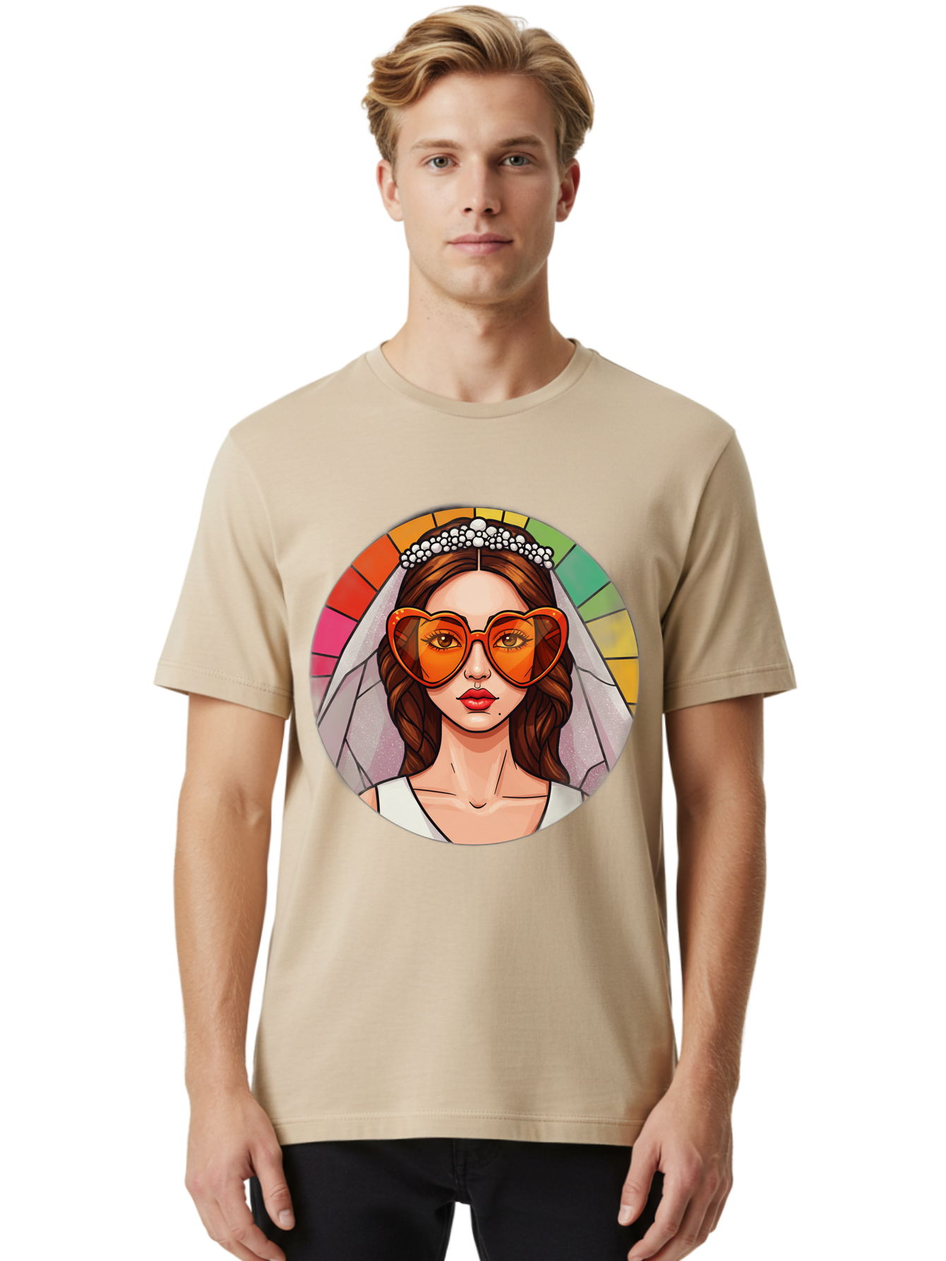 Bride-With-Heart-Shaped-Sunglasses-2 Men'S Graphic Tee, 100% Cotton, Comfortable Casual Summer Wear, Machine Washable, Cartoon Bride, Heart-Shaped Sunglasses, White Veil, Stained Glass Effect, Red Lips, Orange Shades, Wedding Attire, Baa229