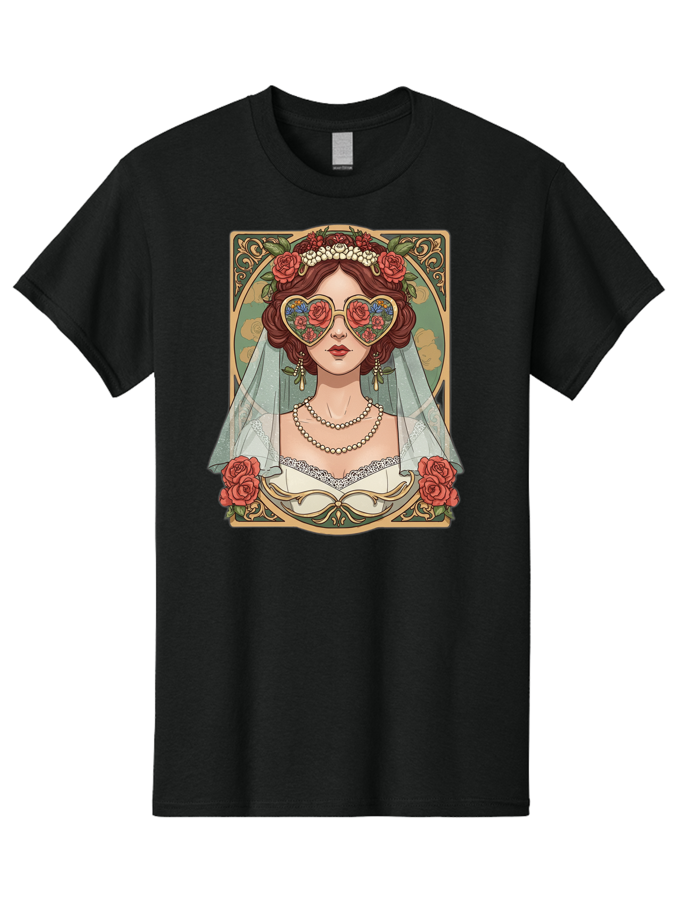 Bride-With-Heart-Shaped-Sunglasses-3 Men'S Graphic Tee, 100% Cotton, Comfortable Casual Summer Wear, Machine Washable, Bride Wearing Heart-Shaped Sunglasses, Floral Pattern, Vintage Style, Ornate Frame, White Wedding Dress, Red Roses, Baa230