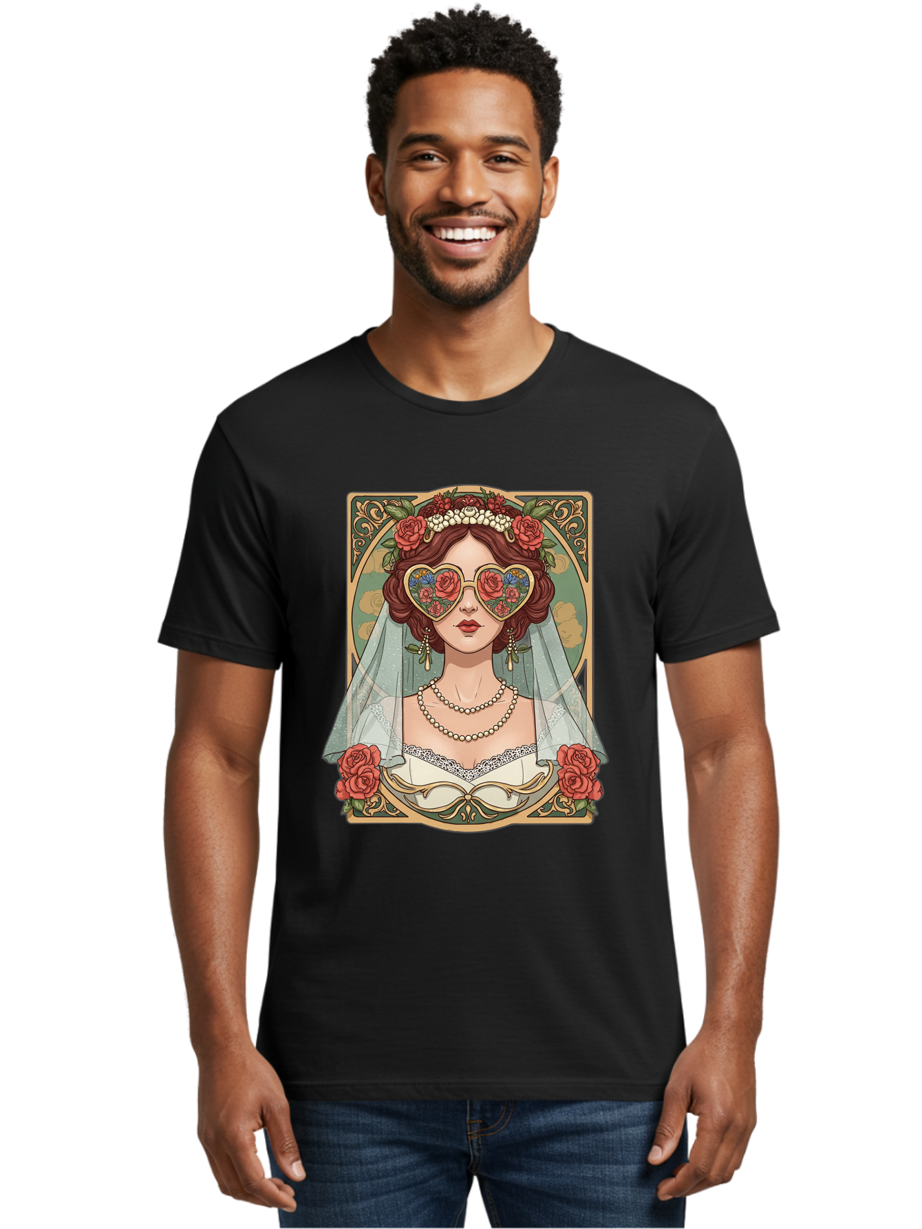 Bride-With-Heart-Shaped-Sunglasses-3 Men'S Graphic Tee, 100% Cotton, Comfortable Casual Summer Wear, Machine Washable, Bride Wearing Heart-Shaped Sunglasses, Floral Pattern, Vintage Style, Ornate Frame, White Wedding Dress, Red Roses, Baa230