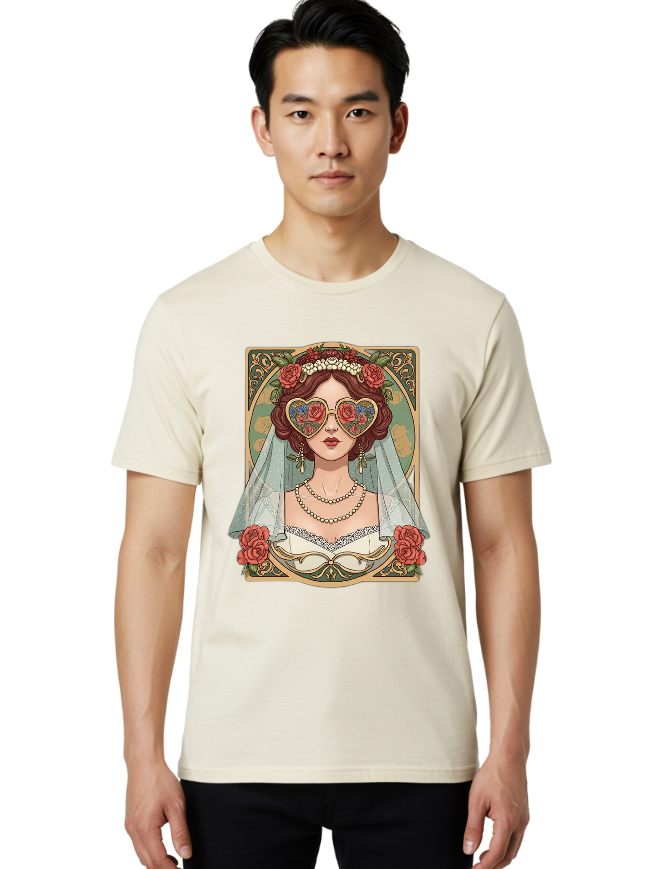 Bride-With-Heart-Shaped-Sunglasses-3 Men'S Graphic Tee, 100% Cotton, Comfortable Casual Summer Wear, Machine Washable, Bride Wearing Heart-Shaped Sunglasses, Floral Pattern, Vintage Style, Ornate Frame, White Wedding Dress, Red Roses, Baa230