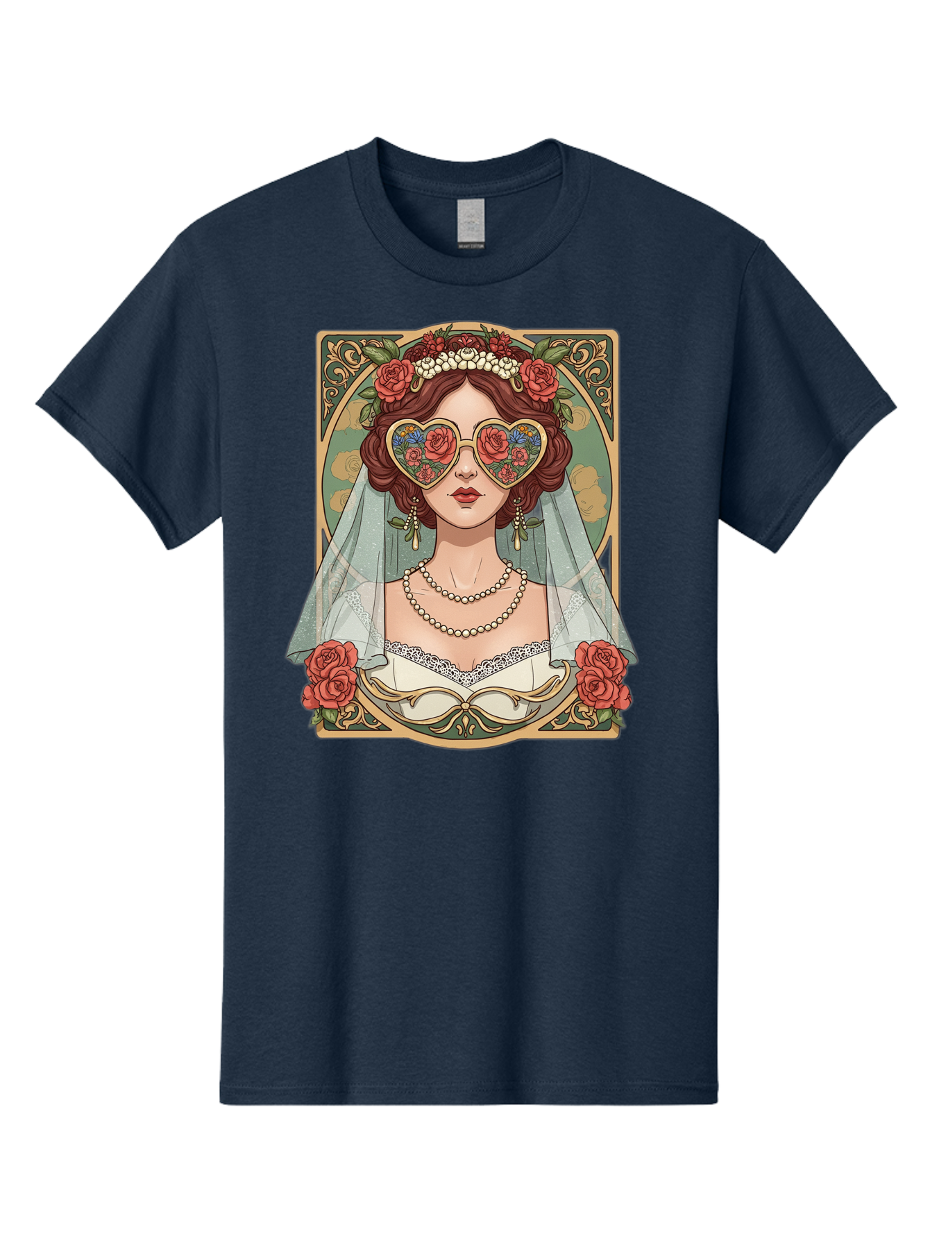 Bride-With-Heart-Shaped-Sunglasses-3 Men'S Graphic Tee, 100% Cotton, Comfortable Casual Summer Wear, Machine Washable, Bride Wearing Heart-Shaped Sunglasses, Floral Pattern, Vintage Style, Ornate Frame, White Wedding Dress, Red Roses, Baa230
