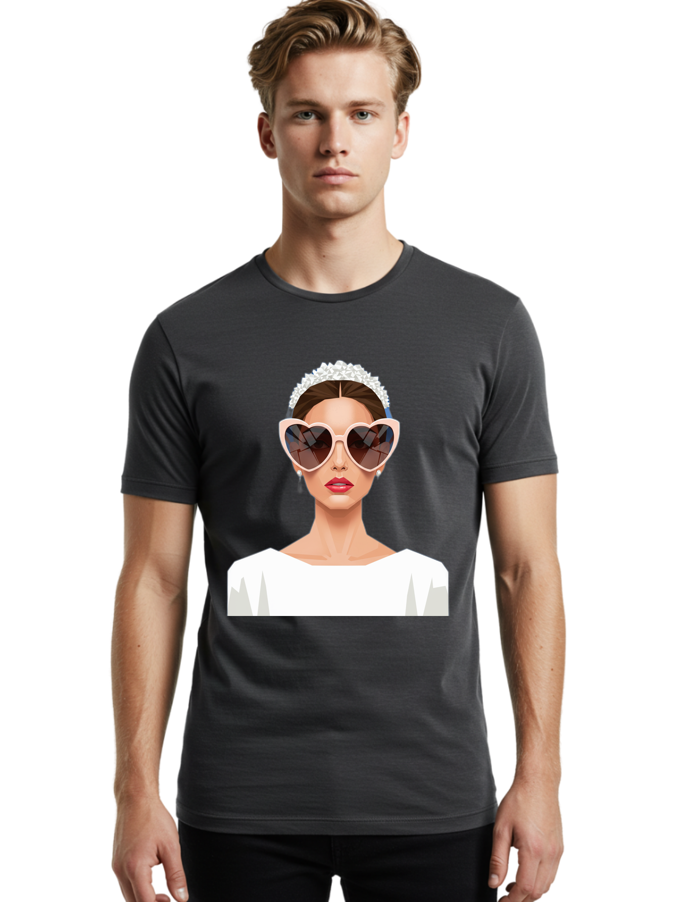 Bride-With-Heart-Shaped-Sunglasses-4 Men'S Graphic Tee, 100% Cotton, Comfortable Casual Summer Wear, Machine Washable, Bride With Heart-Shaped Sunglasses, White Wedding Dress, Floral Headband, Red Lips, Stylish Accessories, Baa231