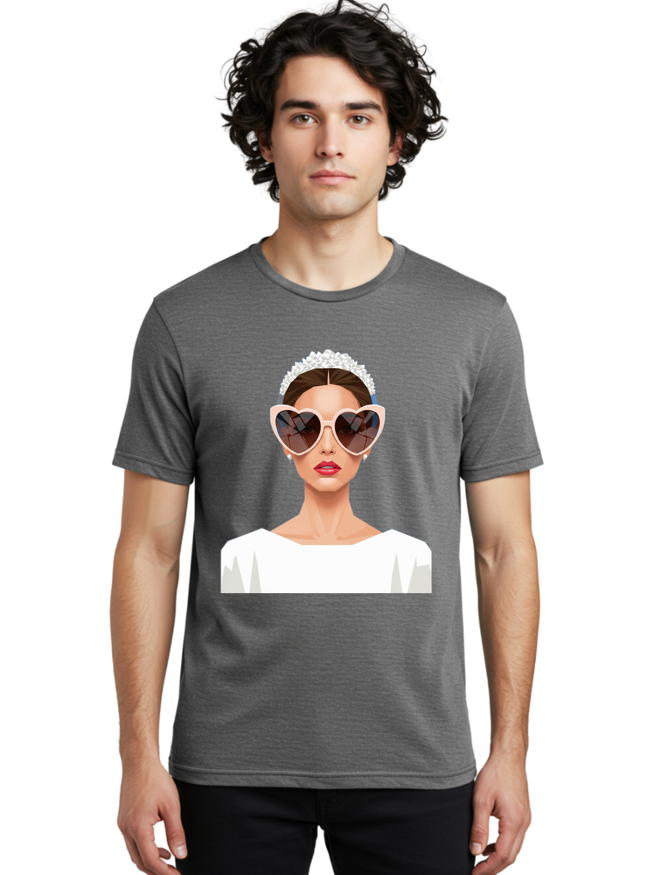Bride-With-Heart-Shaped-Sunglasses-4 Men'S Graphic Tee, 100% Cotton, Comfortable Casual Summer Wear, Machine Washable, Bride With Heart-Shaped Sunglasses, White Wedding Dress, Floral Headband, Red Lips, Stylish Accessories, Baa231