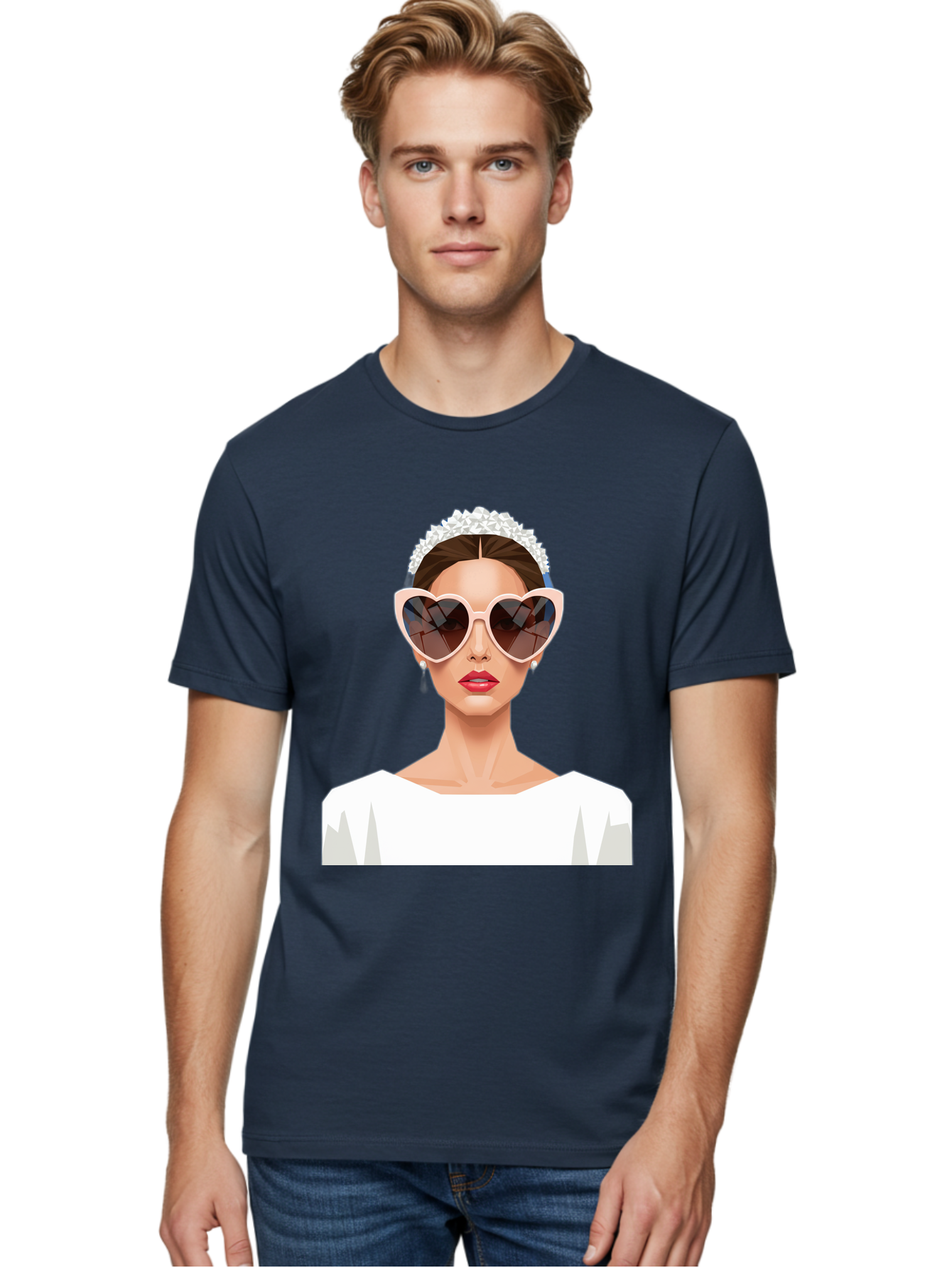 Bride-With-Heart-Shaped-Sunglasses-4 Men'S Graphic Tee, 100% Cotton, Comfortable Casual Summer Wear, Machine Washable, Bride With Heart-Shaped Sunglasses, White Wedding Dress, Floral Headband, Red Lips, Stylish Accessories, Baa231