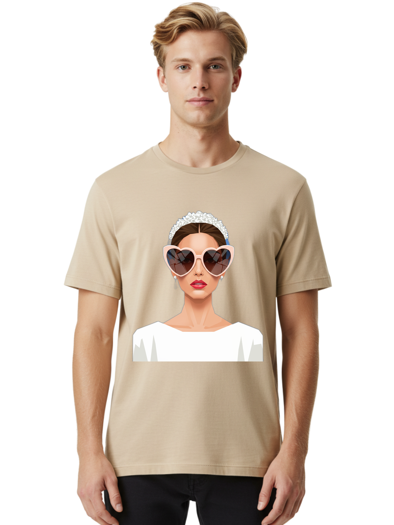 Bride-With-Heart-Shaped-Sunglasses-4 Men'S Graphic Tee, 100% Cotton, Comfortable Casual Summer Wear, Machine Washable, Bride With Heart-Shaped Sunglasses, White Wedding Dress, Floral Headband, Red Lips, Stylish Accessories, Baa231