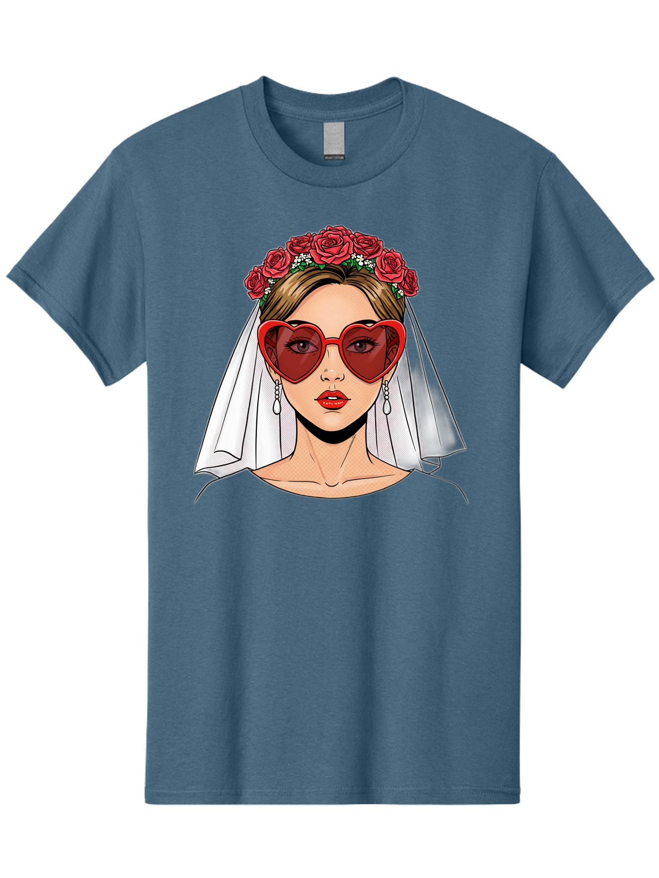 Bride-With-Heart-Shaped-Sunglasses Men'S Graphic Tee, 100% Cotton, Comfortable Casual Summer Wear, Machine Washable, Bride With Red Heart-Shaped Sunglasses, Floral Crown, White Veil, Earrings, Red Lipstick, Modern Wedding Fashion, Baa232