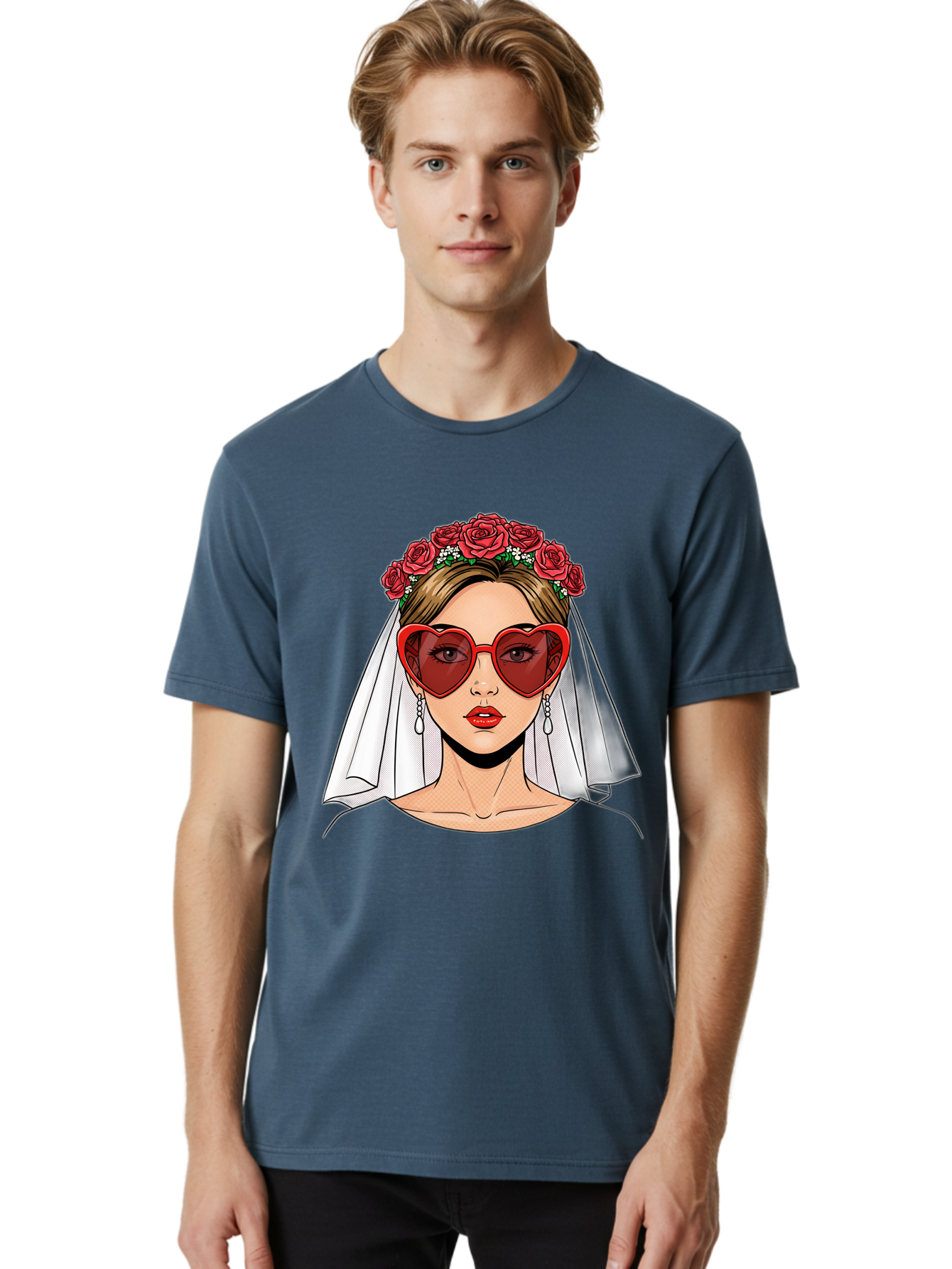 Bride-With-Heart-Shaped-Sunglasses Men'S Graphic Tee, 100% Cotton, Comfortable Casual Summer Wear, Machine Washable, Bride With Red Heart-Shaped Sunglasses, Floral Crown, White Veil, Earrings, Red Lipstick, Modern Wedding Fashion, Baa232