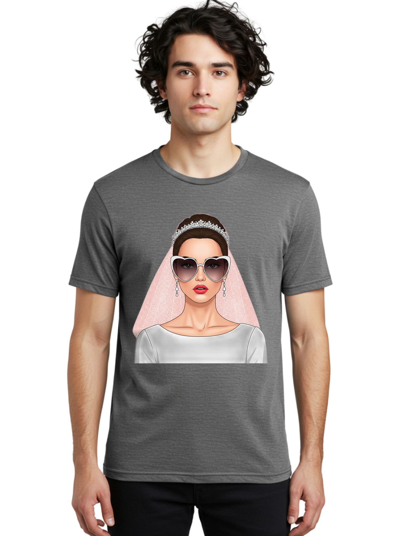 Bride-With-Sunglasses Men'S Graphic Tee, 100% Cotton, Comfortable Casual Summer Wear, Machine Washable, Bride In Sunglasses, Wedding Fashion, Stylish Wedding Attire, Heart-Shaped Sunglasses, Elegant Wedding Look, Trendy Bridal Style, Baa233
